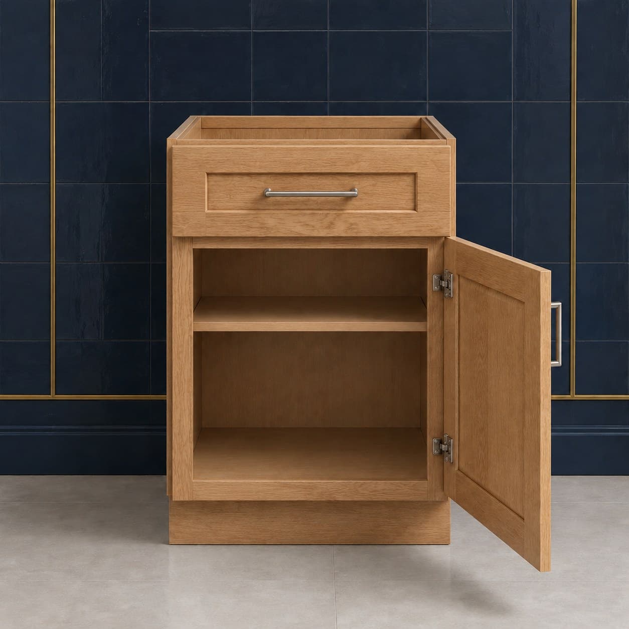 15 inch base cabinet featuring a single shaker door and one drawer, standard 34 1/2 inch height all-wood construction, in Wood Color finish — front view
