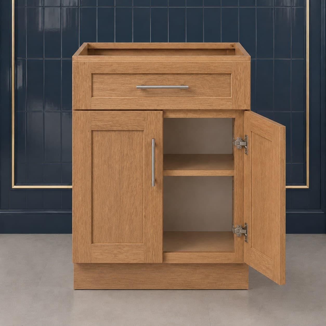 30 inch double door base kitchen cabinet with full-width top drawer, shaker door fronts, and one interior shelf, in Wood Color finish — front view