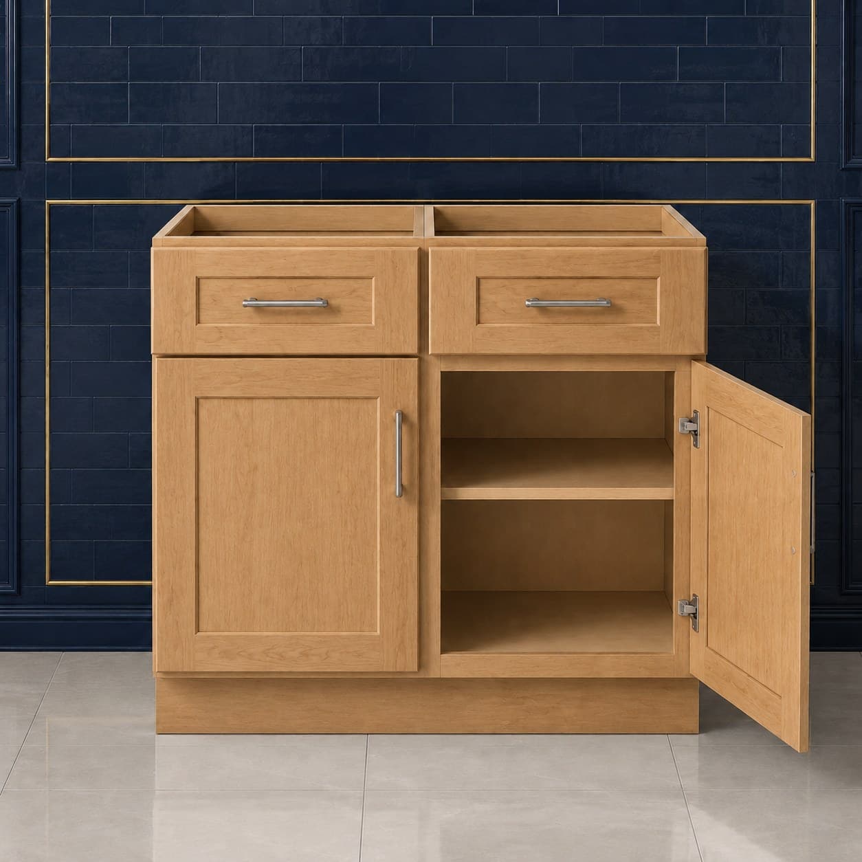 39 inch wide base cabinet featuring two drawers over two doors with one adjustable shelf, all-wood construction, in Wood Color finish — front view