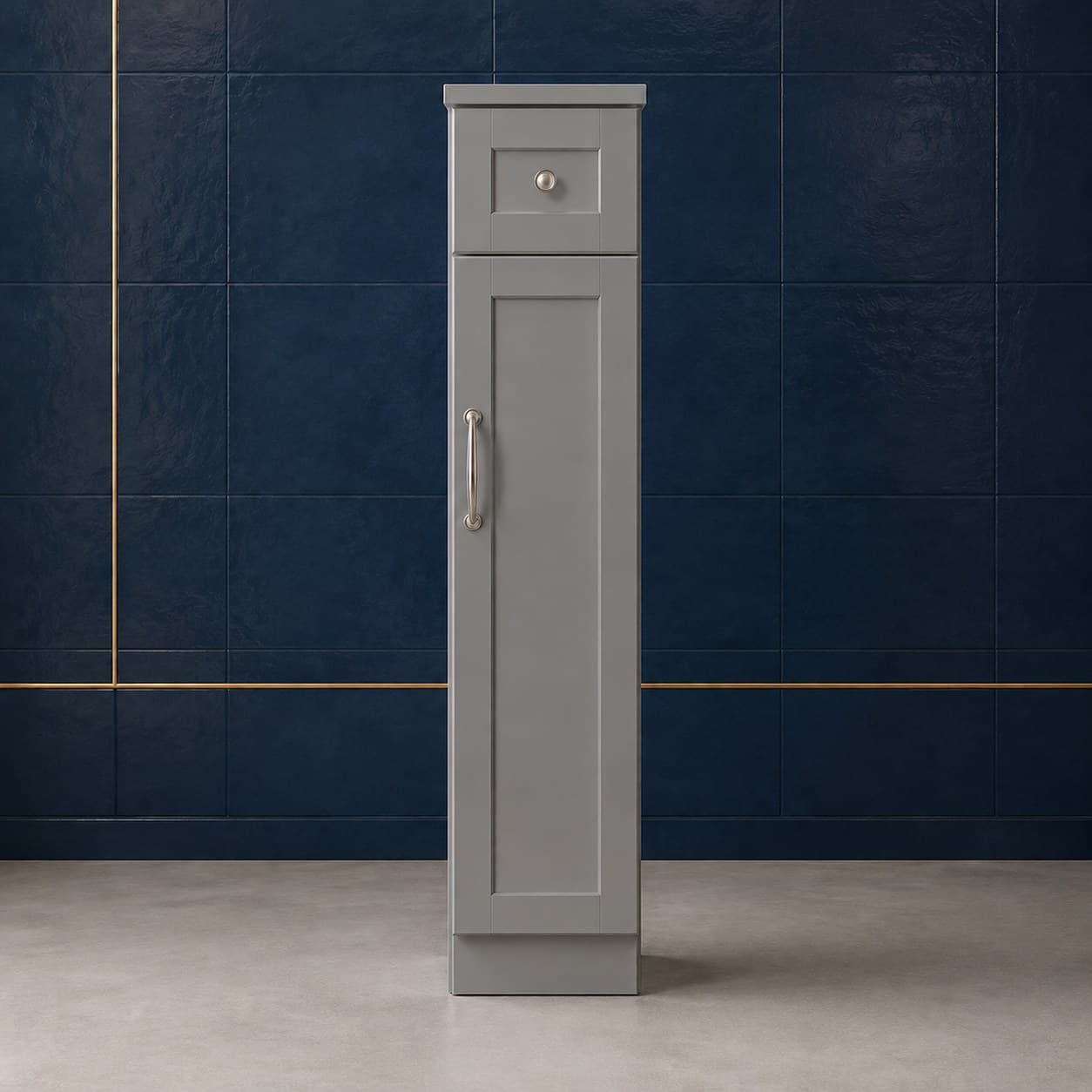 3 inch wide by 34 1/2 inch tall solid wood base cabinet filler strip in a smooth neutral finish, in Modern Gray finish — front view