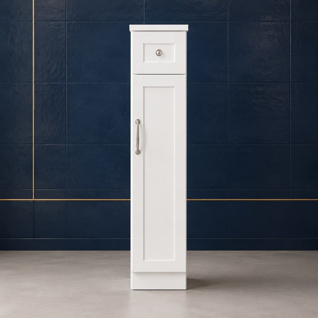 3 inch wide by 34 1/2 inch tall solid wood base cabinet filler strip in a smooth neutral finish, in Purity White finish — front view