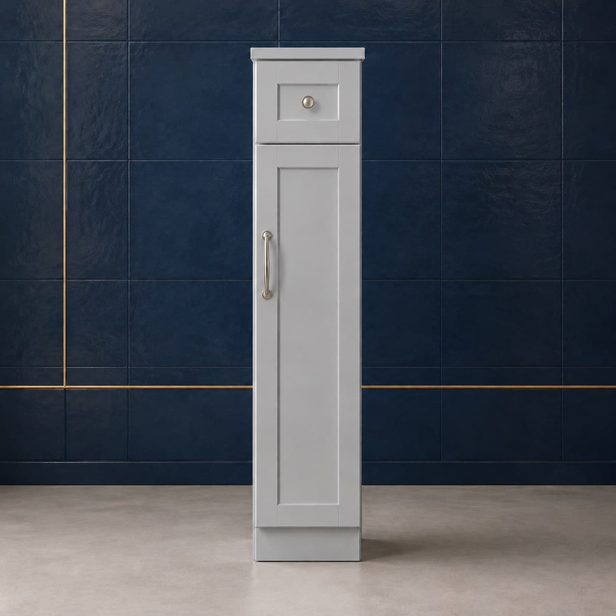 3 inch wide by 34 1/2 inch tall solid wood base cabinet filler strip in a smooth neutral finish, in Silver Gray finish — front view
