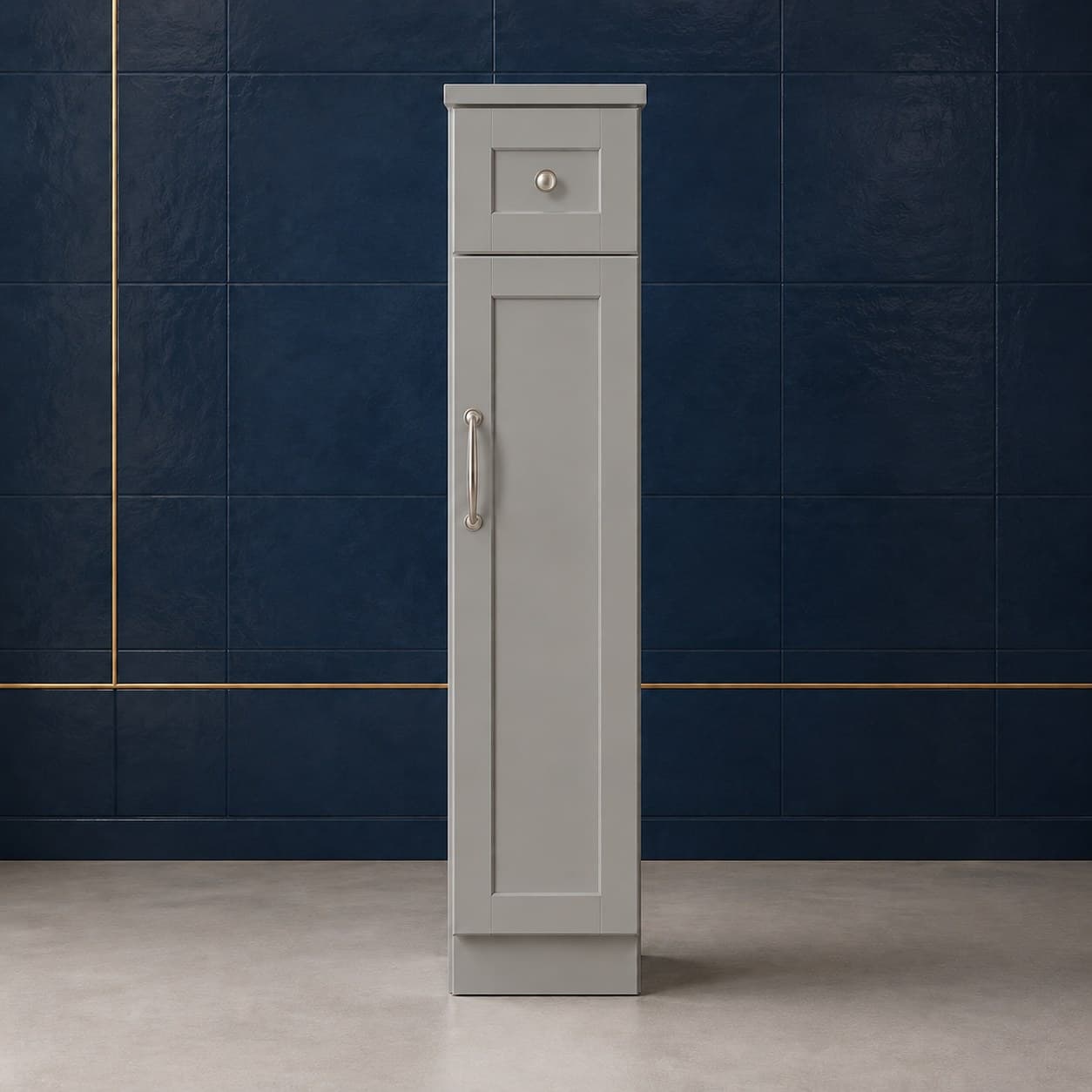 3 inch wide by 34 1/2 inch tall solid wood base cabinet filler strip in a smooth neutral finish, in Victory Gray finish — front view