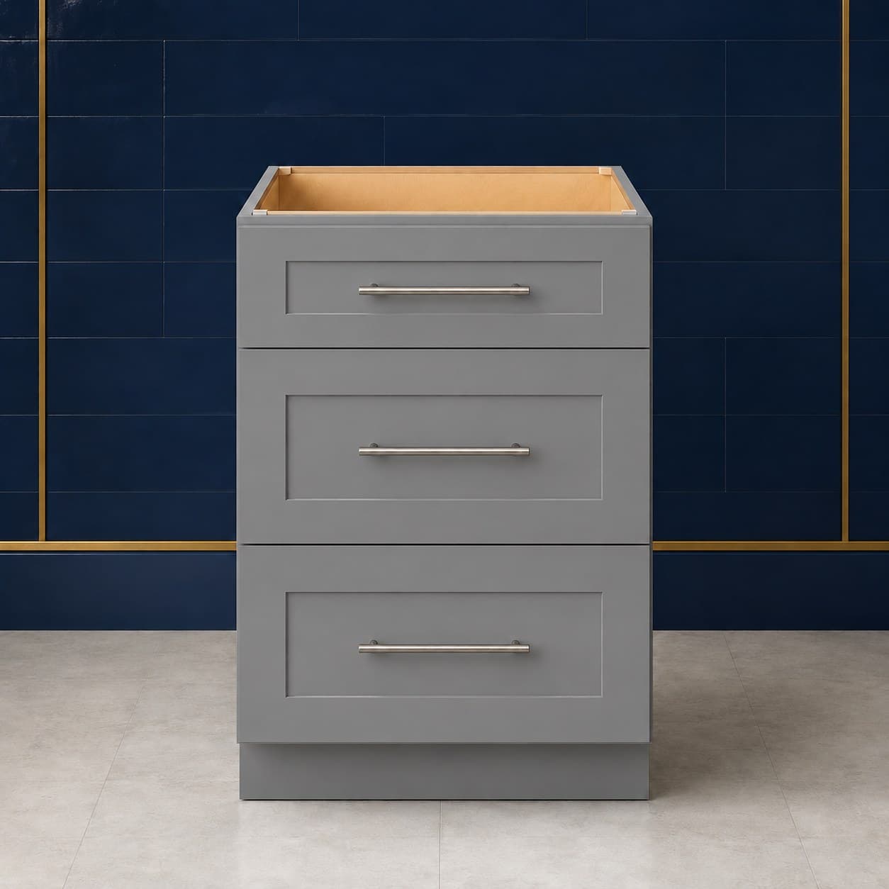 18 inch base cabinet with three drawers of graduated depth, all-wood drawer fronts and standard 24 inch depth, in Modern Gray finish — front view