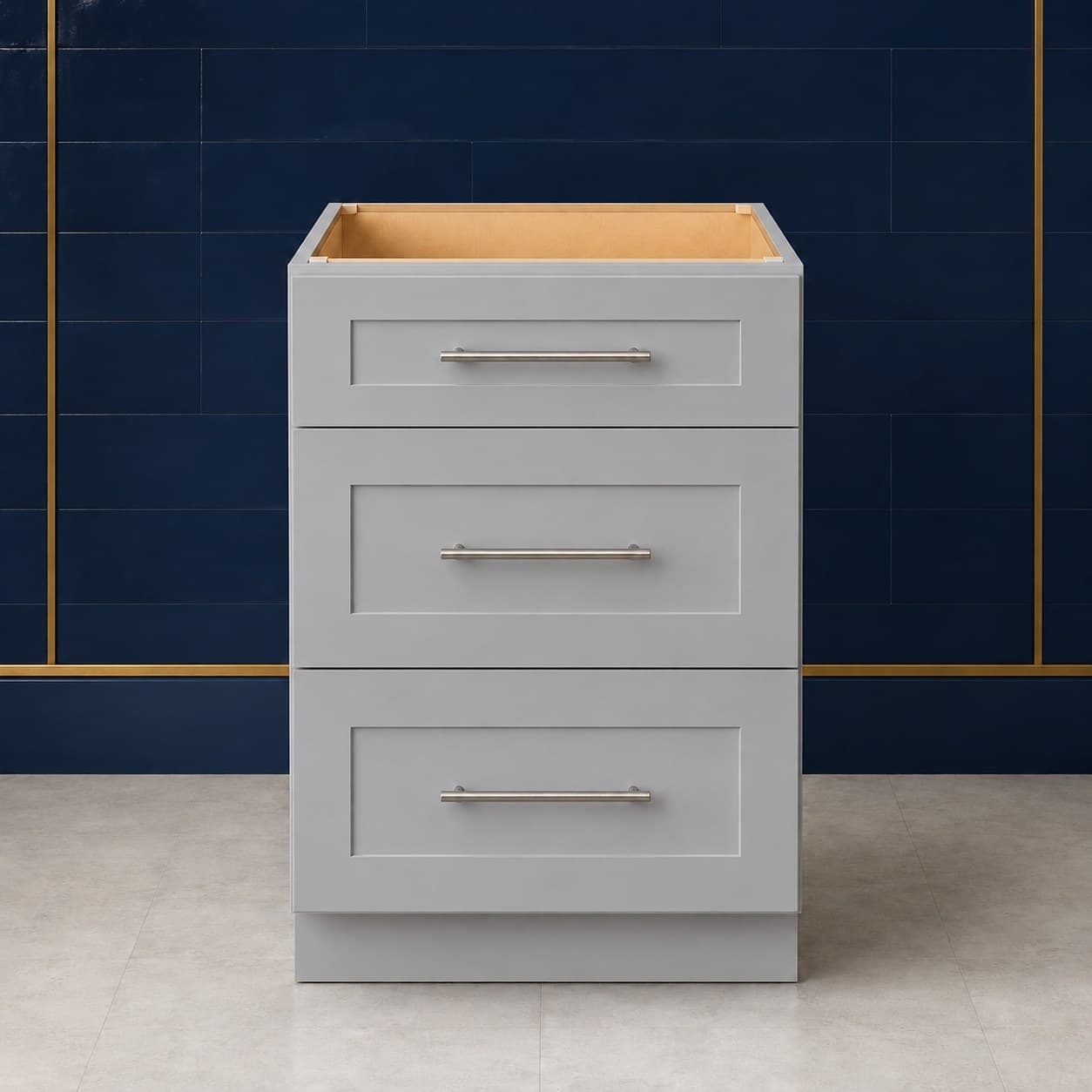 18 inch base cabinet with three drawers of graduated depth, all-wood drawer fronts and standard 24 inch depth, in Silver Gray finish — front view
