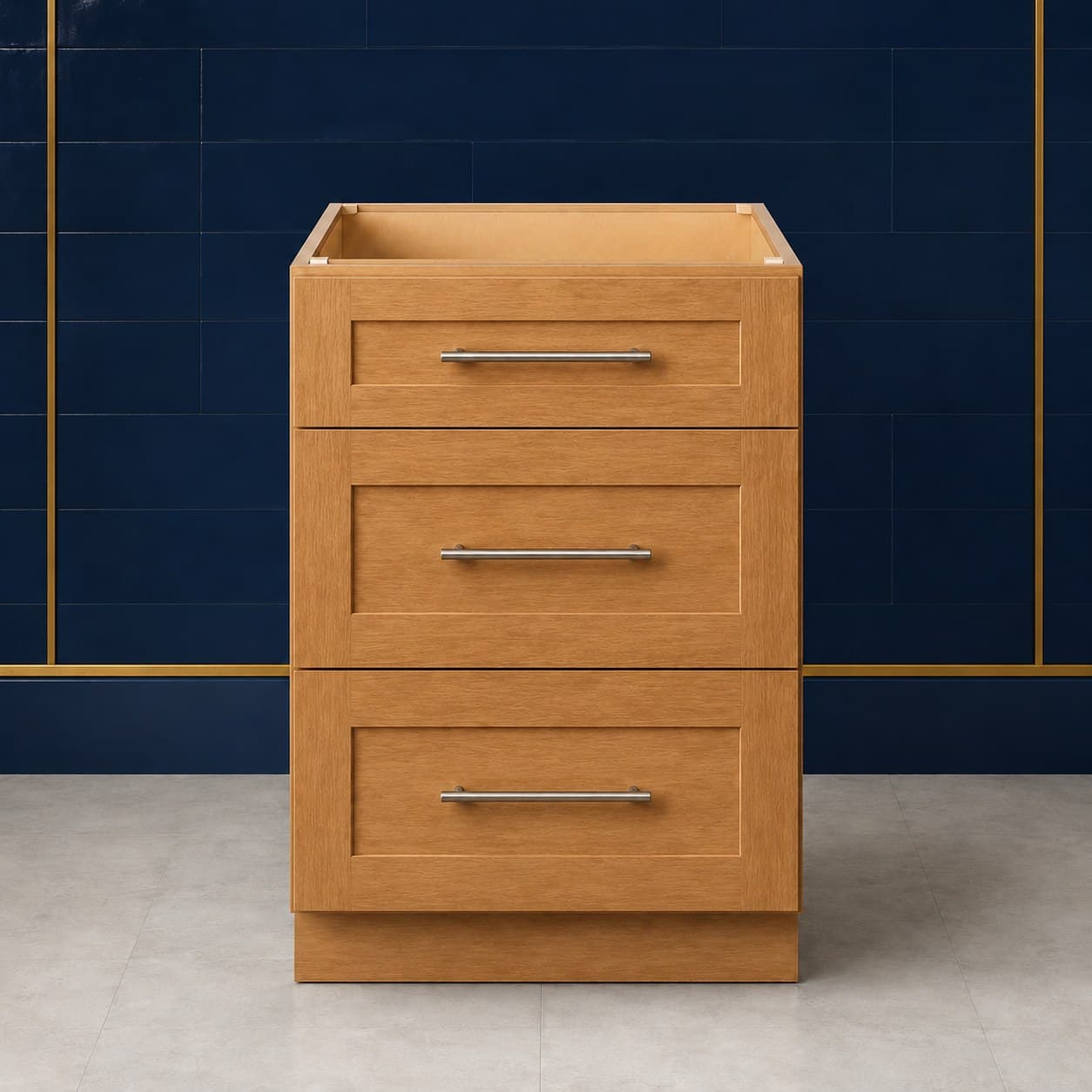 18 inch base cabinet with three drawers of graduated depth, all-wood drawer fronts and standard 24 inch depth, in Wood Color finish — front view
