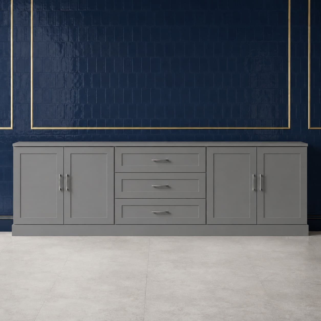 96 inch decorative accent molding strip, 3 inches high, with carved detailing in a neutral wood finish, in Modern Gray finish — front view