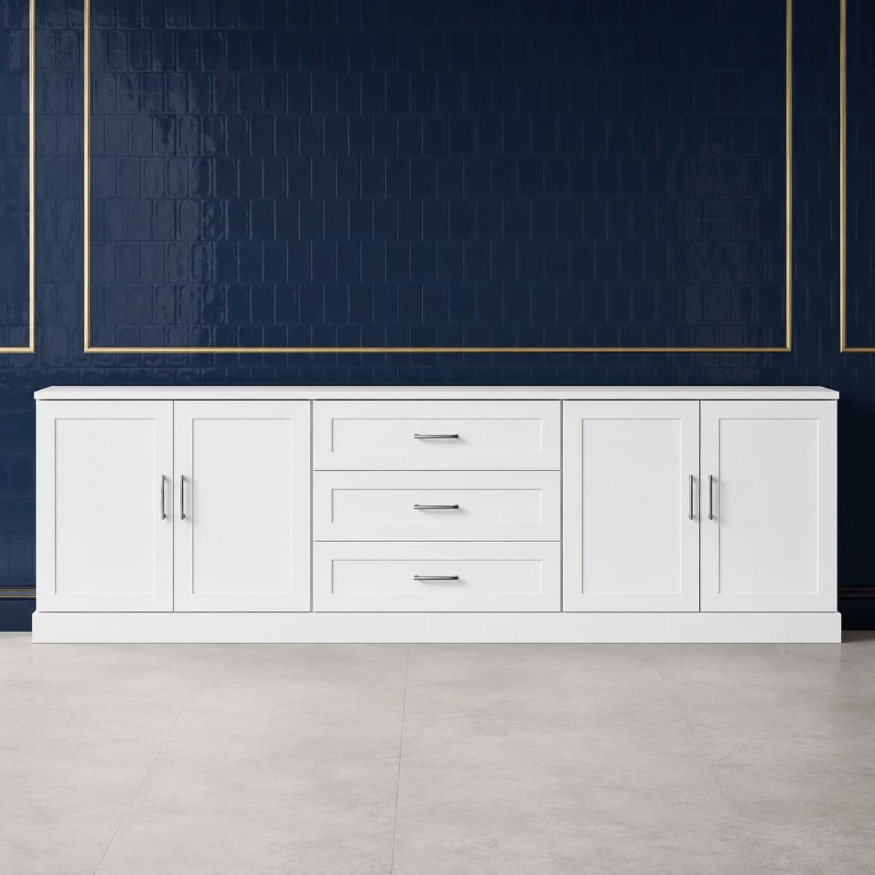 96 inch decorative accent molding strip, 3 inches high, with carved detailing in a neutral wood finish, in Purity White finish — front view