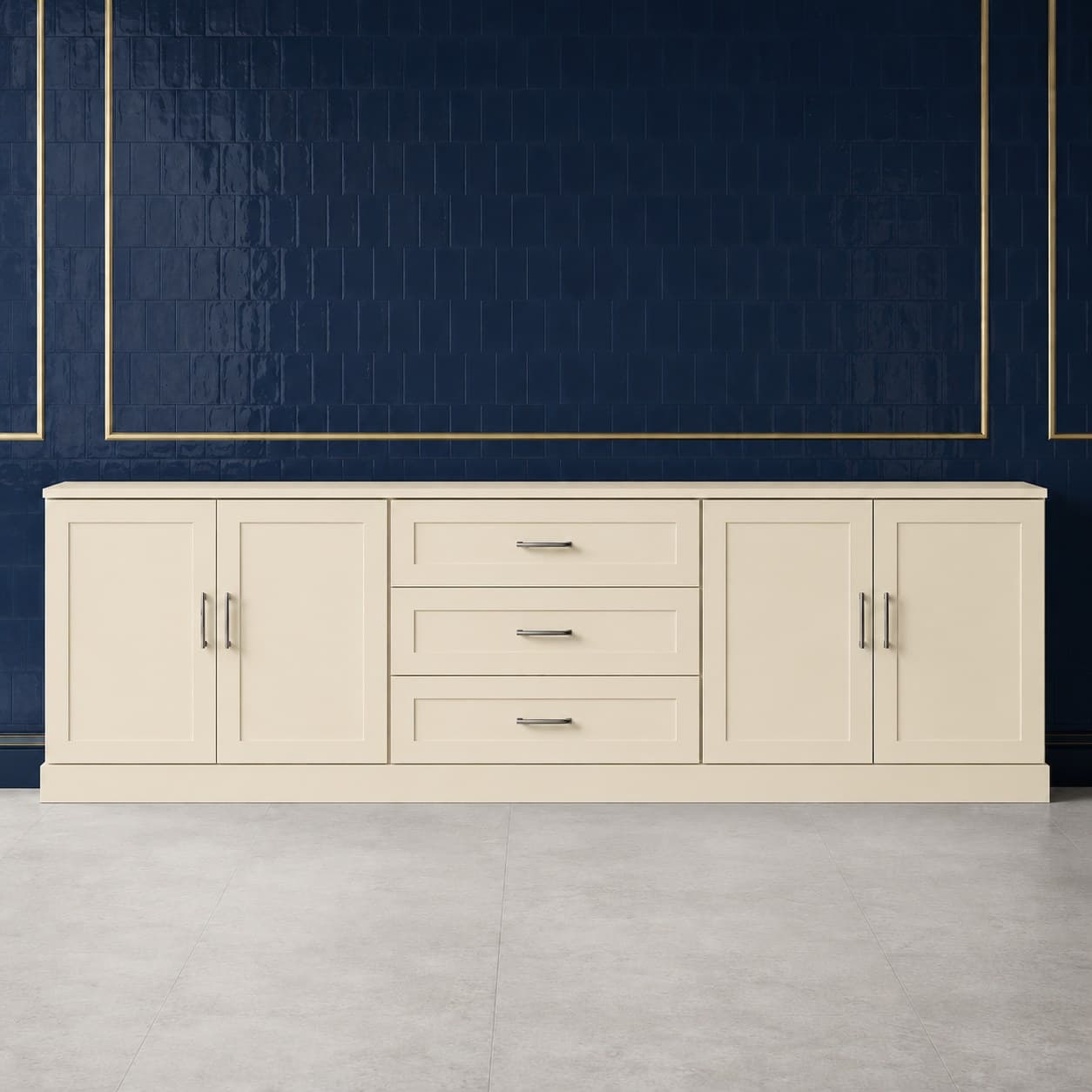 96 inch decorative accent molding strip, 3 inches high, with carved detailing in a neutral wood finish, in Seashell Cream finish — front view