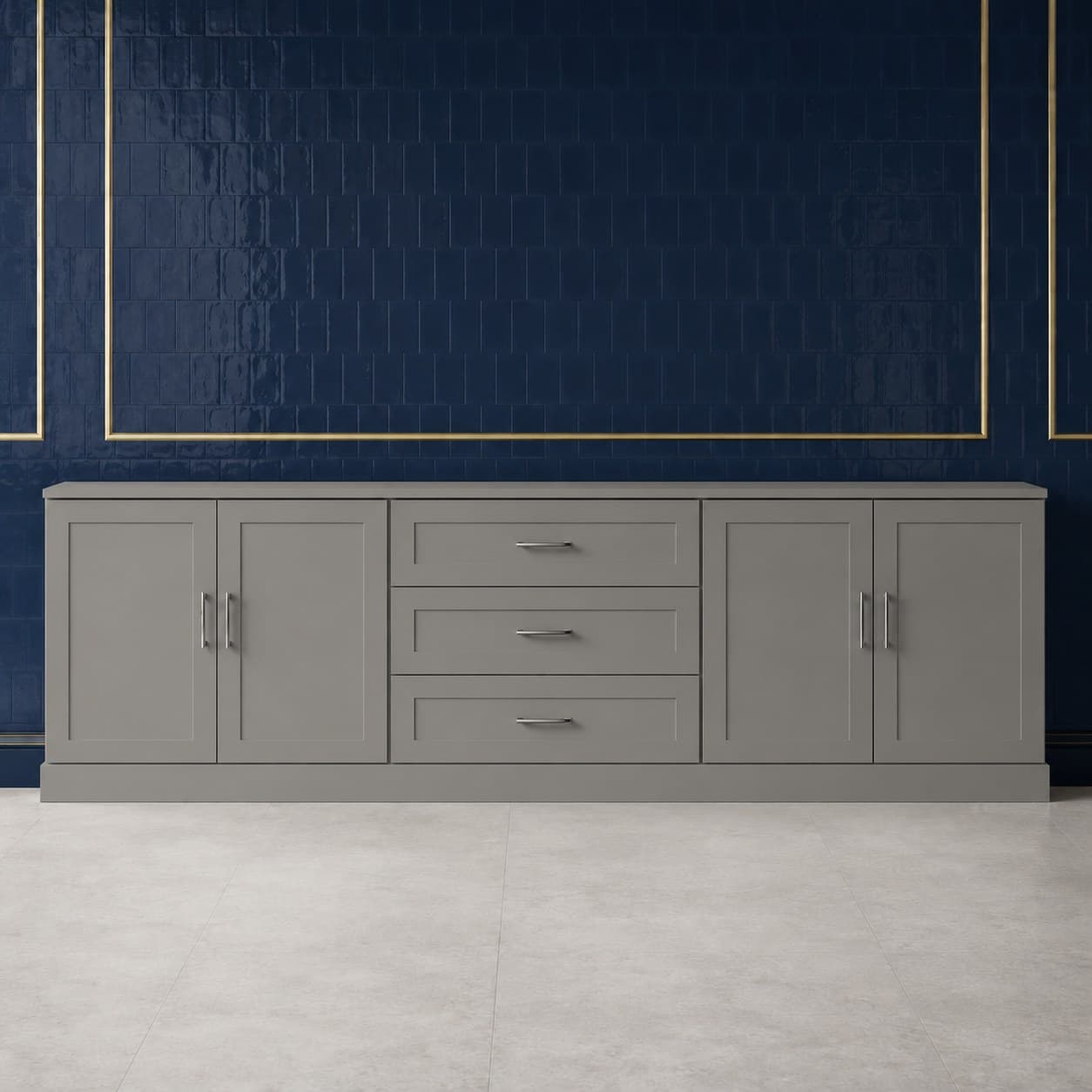96 inch decorative accent molding strip, 3 inches high, with carved detailing in a neutral wood finish, in Victory Gray finish — front view