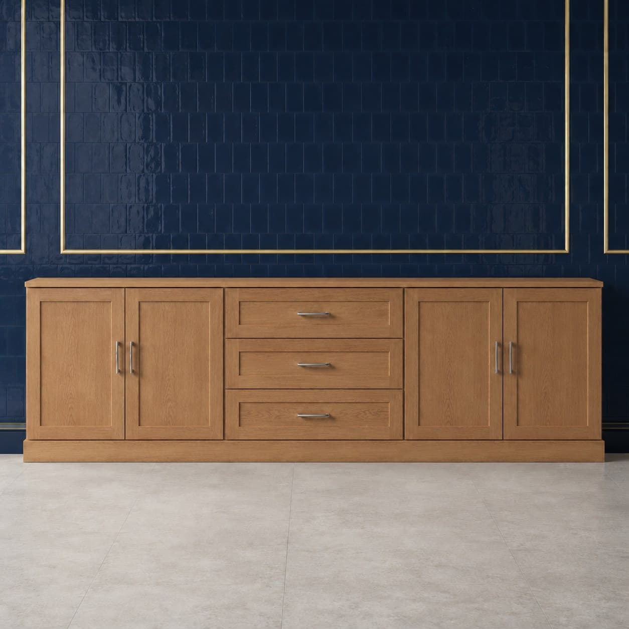 96 inch decorative accent molding strip, 3 inches high, with carved detailing in a neutral wood finish, in Wood Color finish — front view