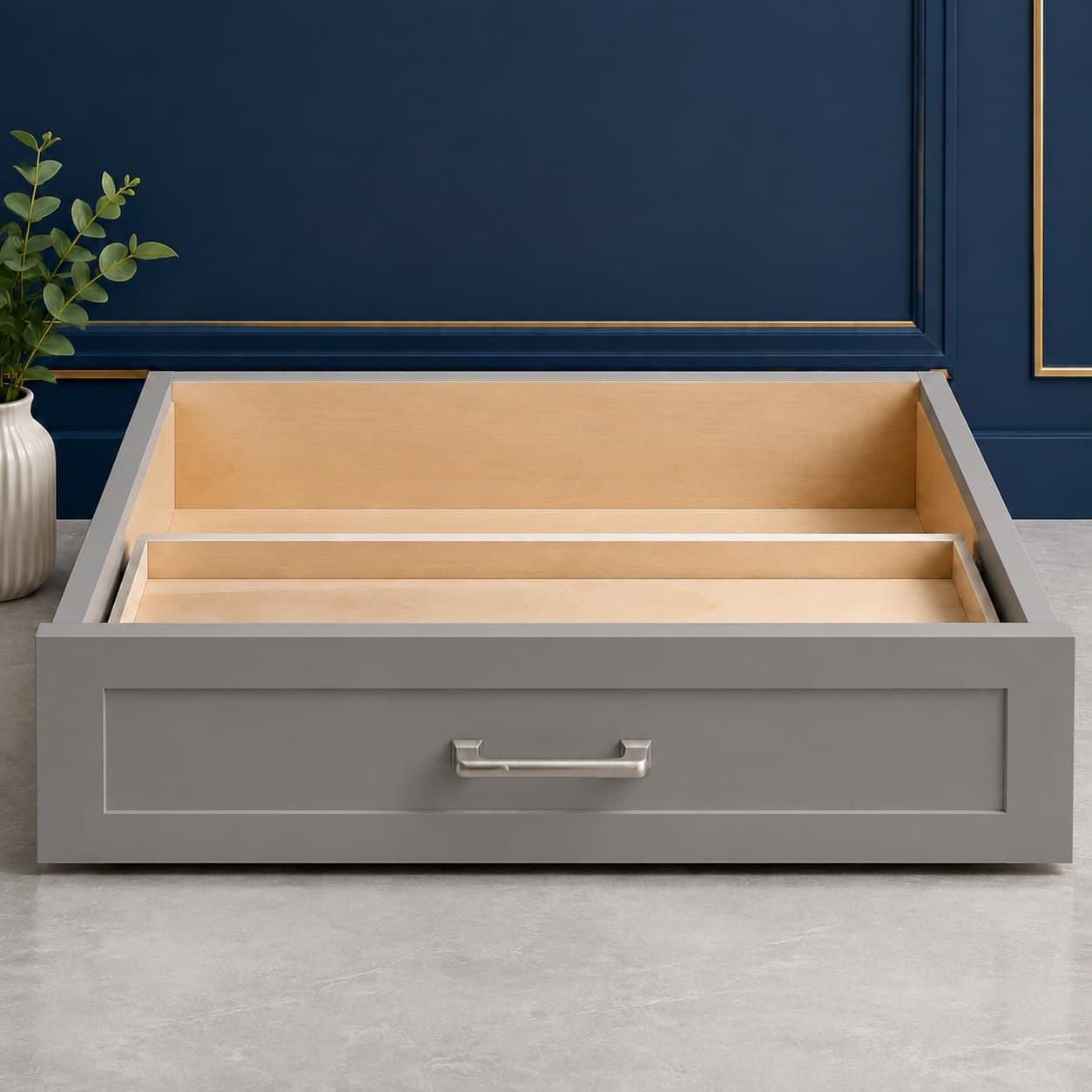 30 inch wide desk drawer unit with a single full-width drawer front, 7 1/2 inches high, in a neutral wood finish, in Modern Gray finish — front view