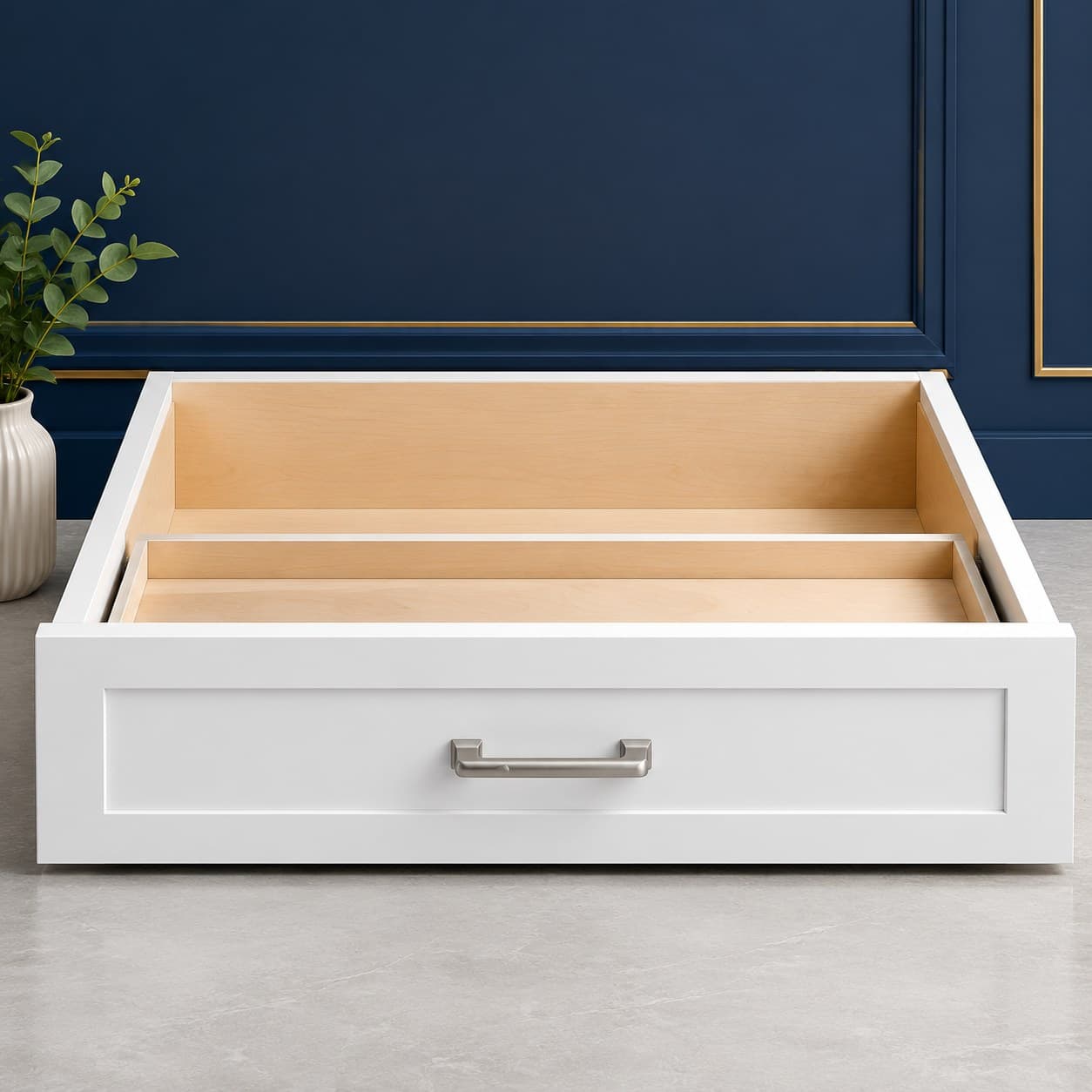 30 inch wide desk drawer unit with a single full-width drawer front, 7 1/2 inches high, in a neutral wood finish, in Purity White finish — front view