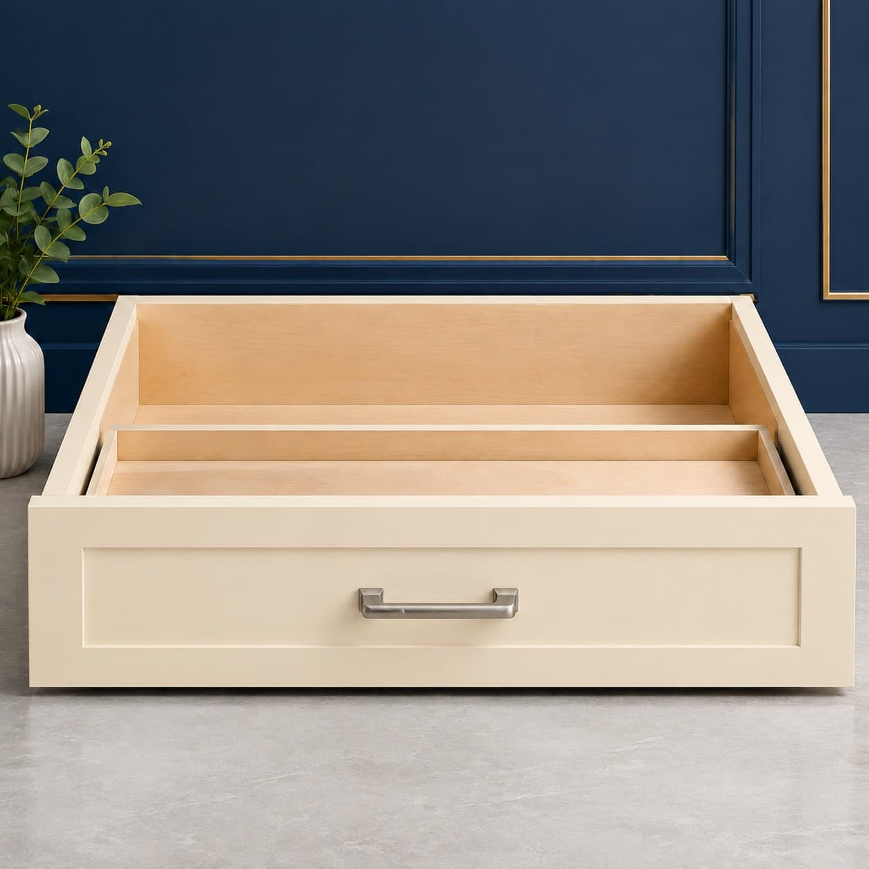 30 inch wide desk drawer unit with a single full-width drawer front, 7 1/2 inches high, in a neutral wood finish, in Seashell Cream finish — front view
