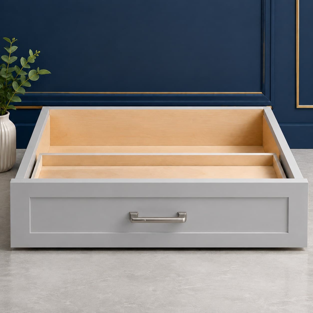 30 inch wide desk drawer unit with a single full-width drawer front, 7 1/2 inches high, in a neutral wood finish, in Silver Gray finish — front view
