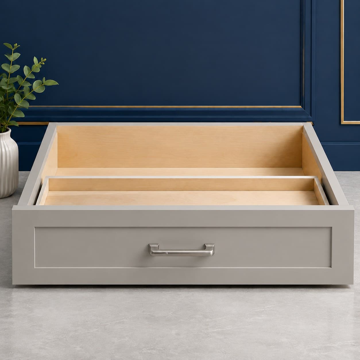 30 inch wide desk drawer unit with a single full-width drawer front, 7 1/2 inches high, in a neutral wood finish, in Victory Gray finish — front view