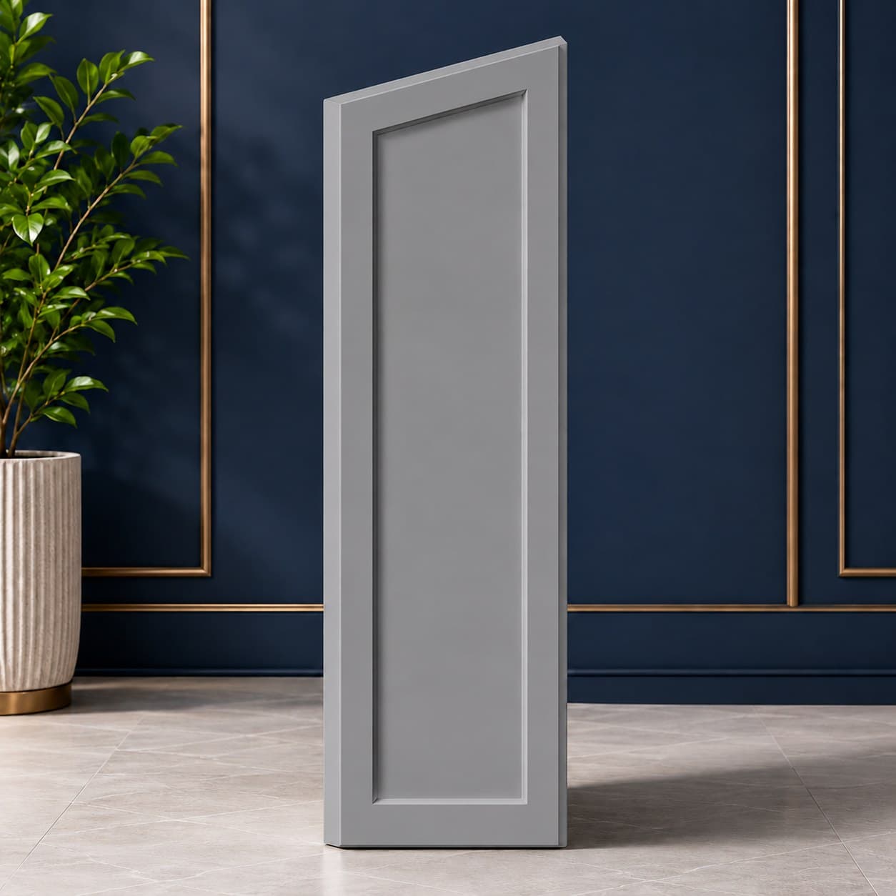 12 inch by 34 1/2 inch dishwasher end panel with finished face edge in a neutral cabinet finish, in Modern Gray finish — front view