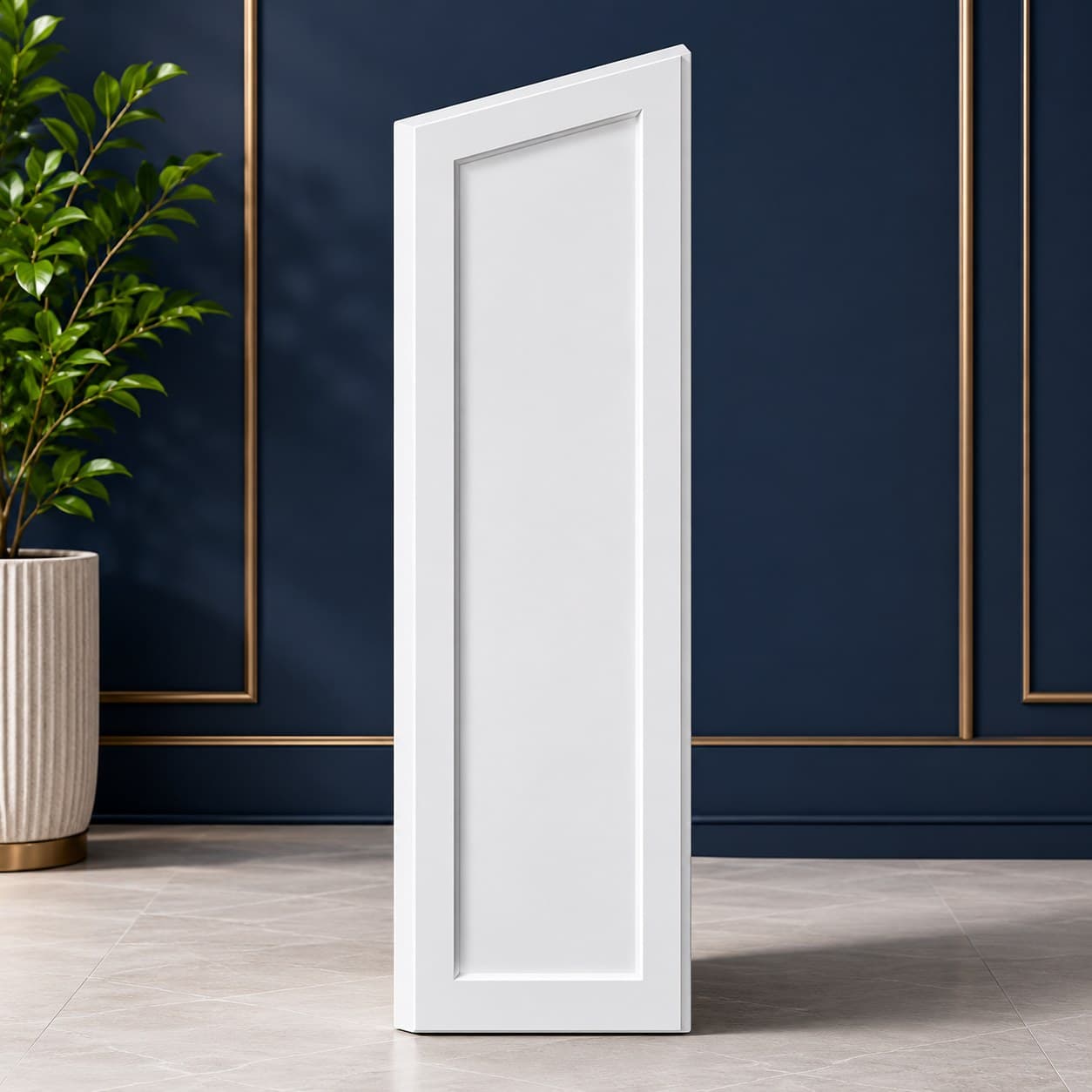 12 inch by 34 1/2 inch dishwasher end panel with finished face edge in a neutral cabinet finish, in Purity White finish — front view