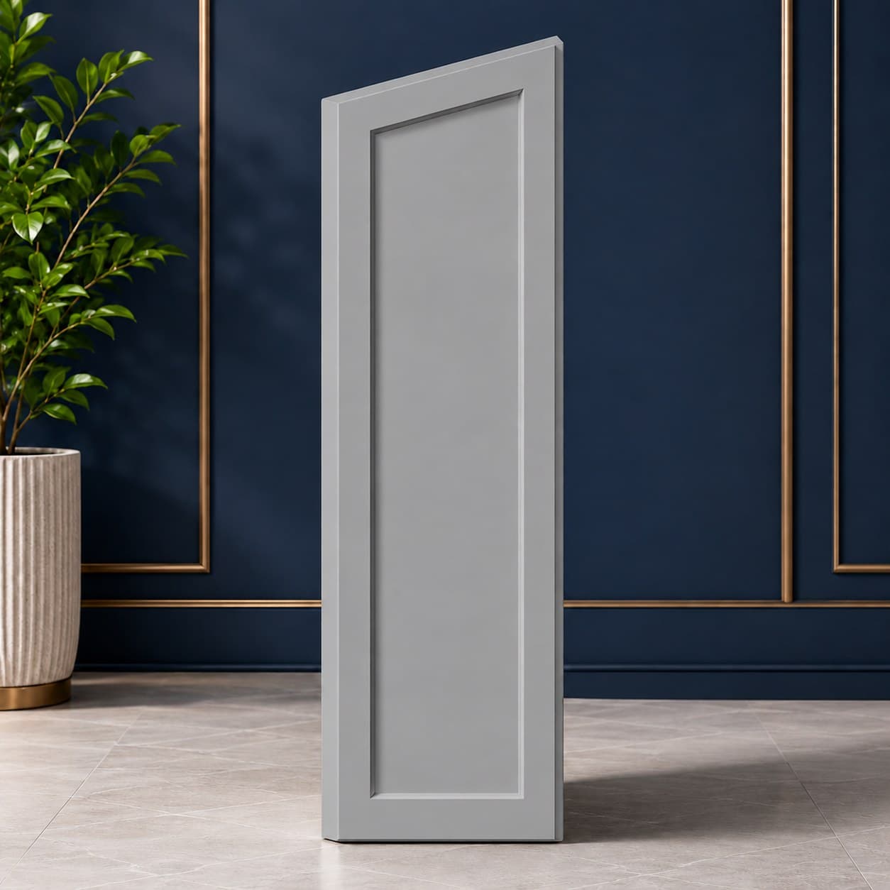 12 inch by 34 1/2 inch dishwasher end panel with finished face edge in a neutral cabinet finish, in Silver Gray finish — front view