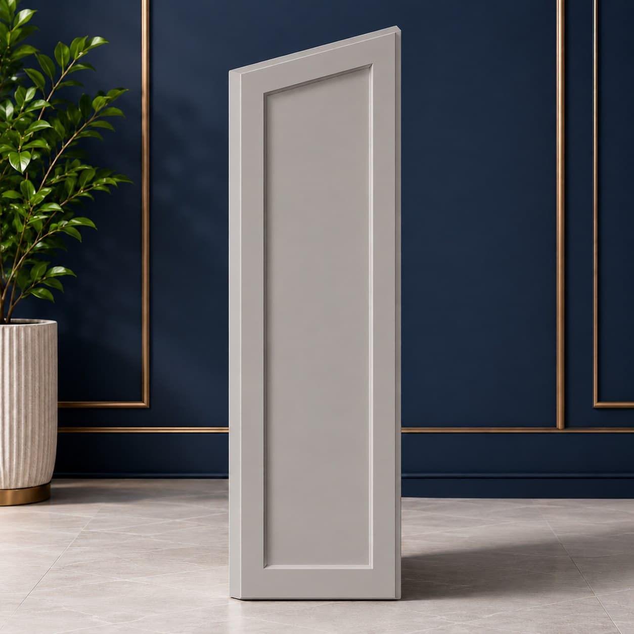 12 inch by 34 1/2 inch dishwasher end panel with finished face edge in a neutral cabinet finish, in Victory Gray finish — front view
