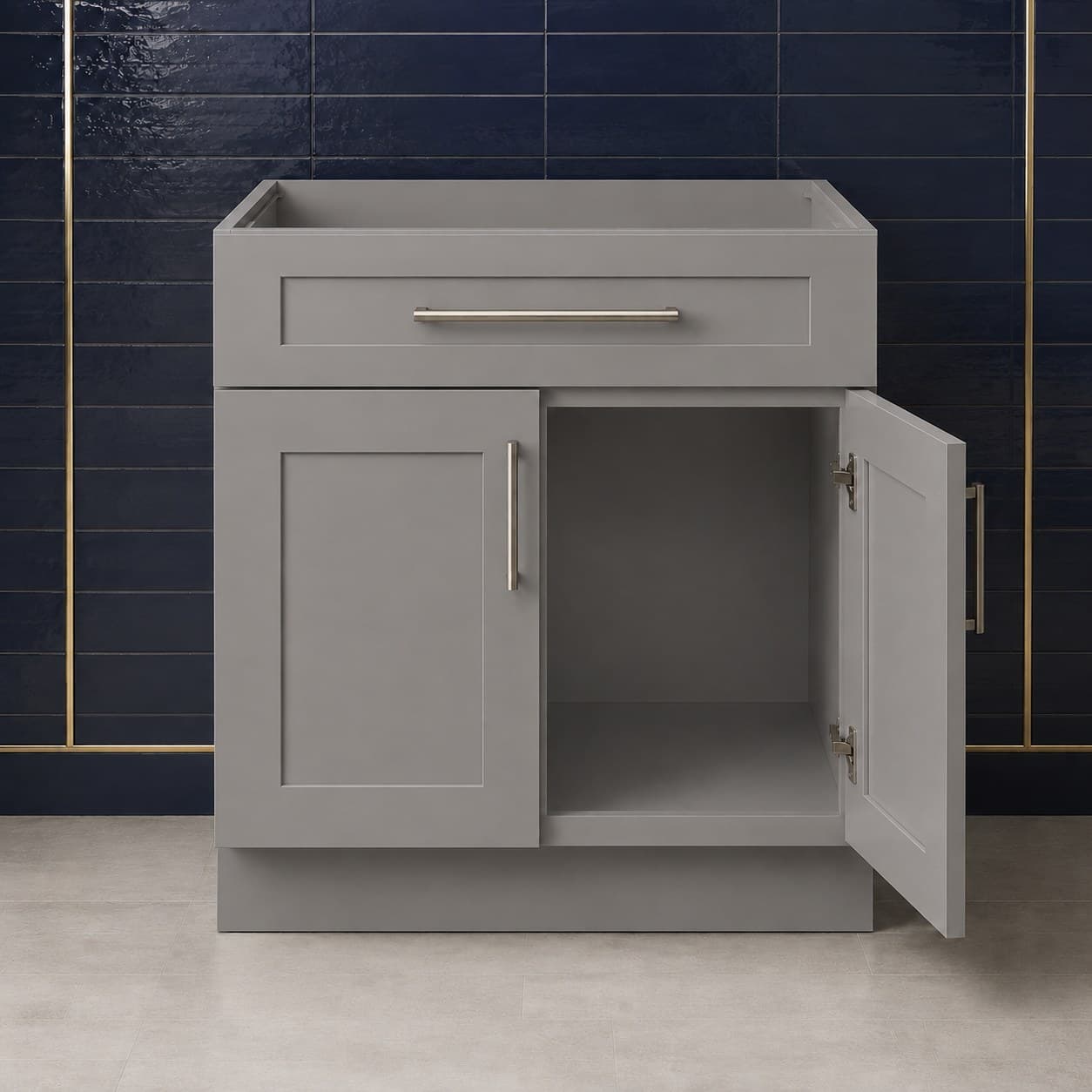 36 inch sink base cabinet showing double doors below a false drawer panel, all-wood frame sized for undermount or drop-in sinks, in Modern Gray finish — front view