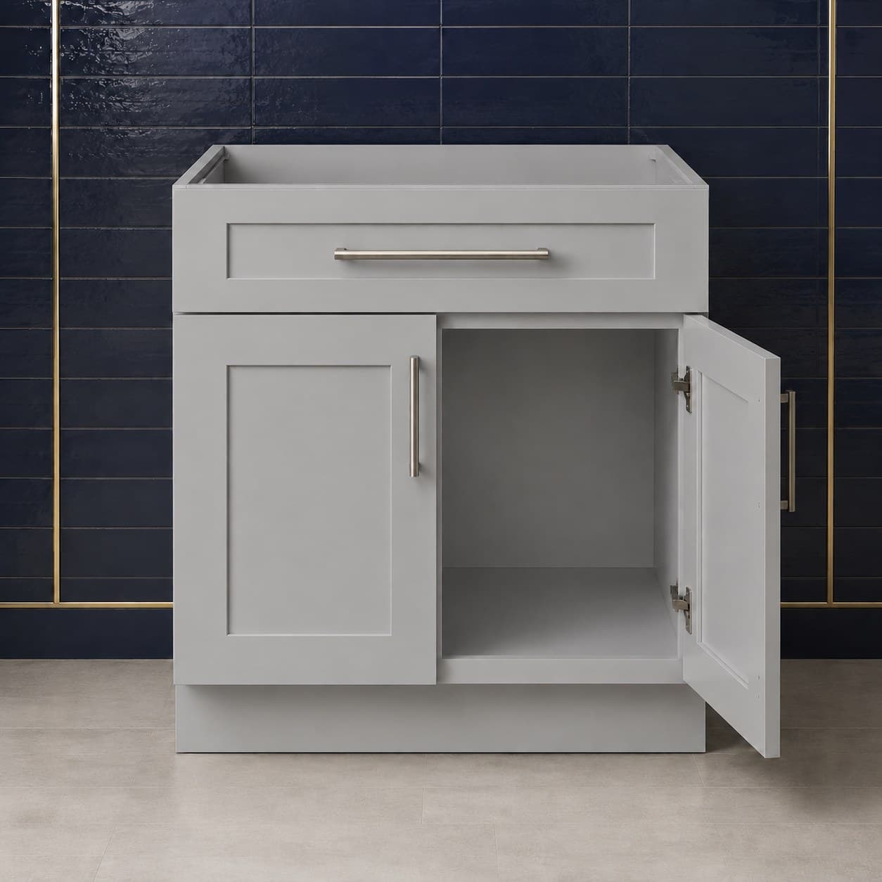 36 inch sink base cabinet showing double doors below a false drawer panel, all-wood frame sized for undermount or drop-in sinks, in Silver Gray finish — front view