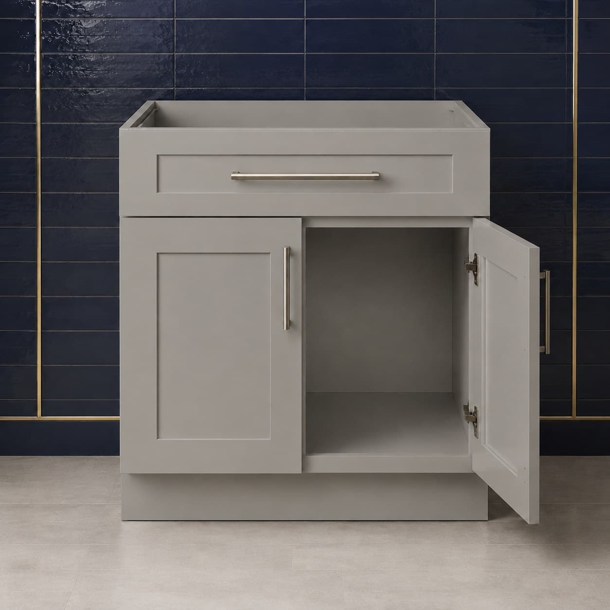 36 inch sink base cabinet showing double doors below a false drawer panel, all-wood frame sized for undermount or drop-in sinks, in Victory Gray finish — front view