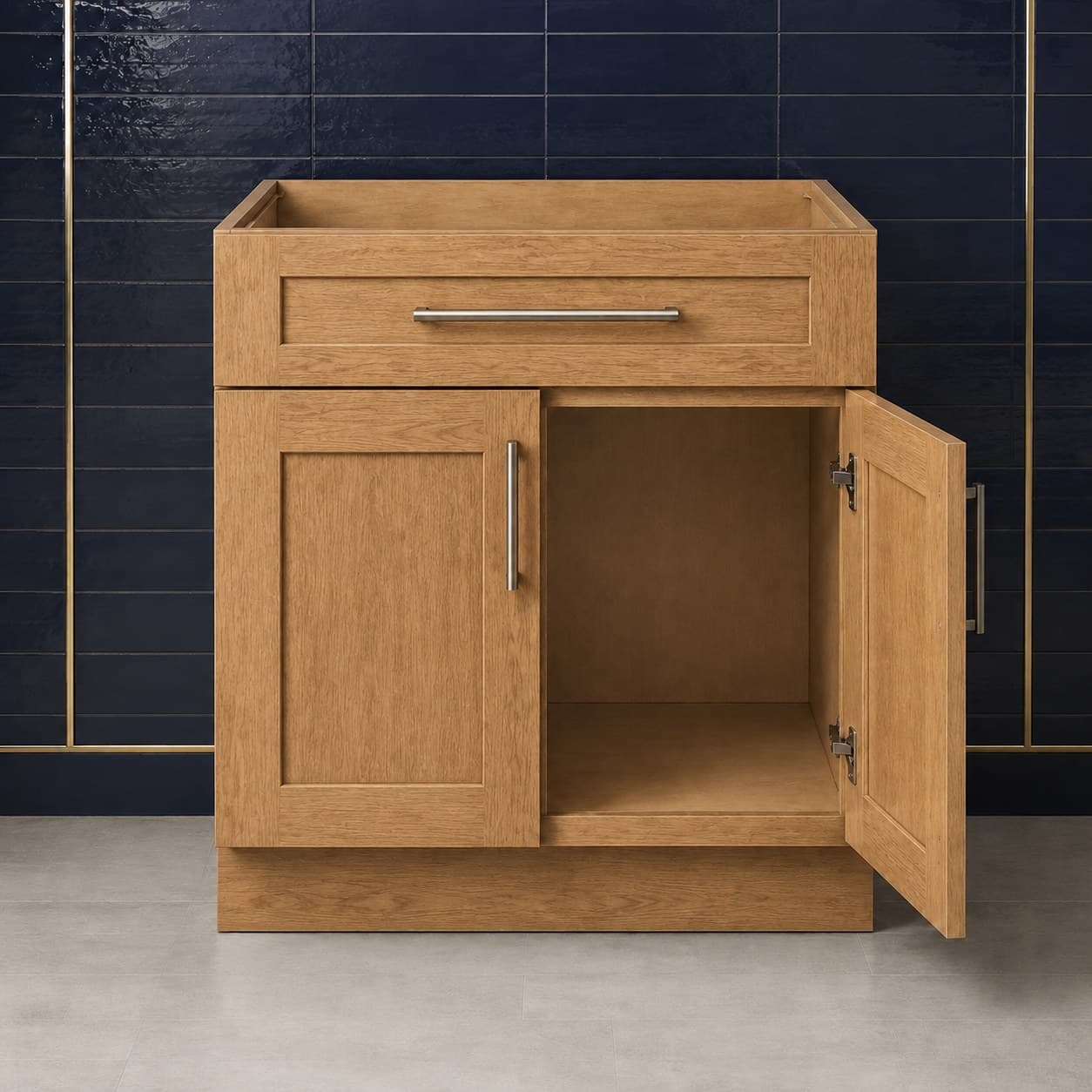 36 inch sink base cabinet showing double doors below a false drawer panel, all-wood frame sized for undermount or drop-in sinks, in Wood Color finish — front view