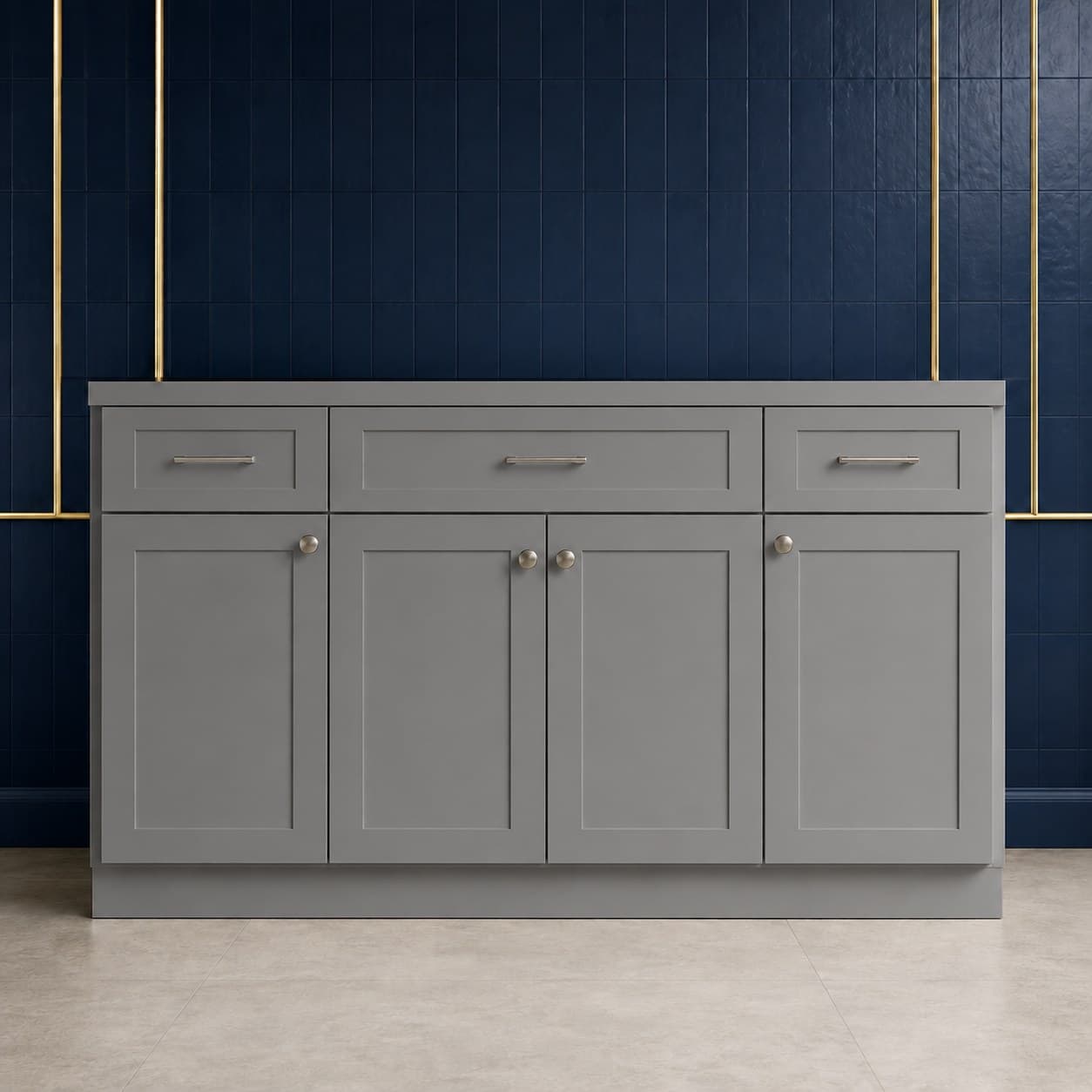 96 inch toe kick board, 4 1/2 inches high, a thin finished strip for the base of kitchen cabinets, in Modern Gray finish — front view