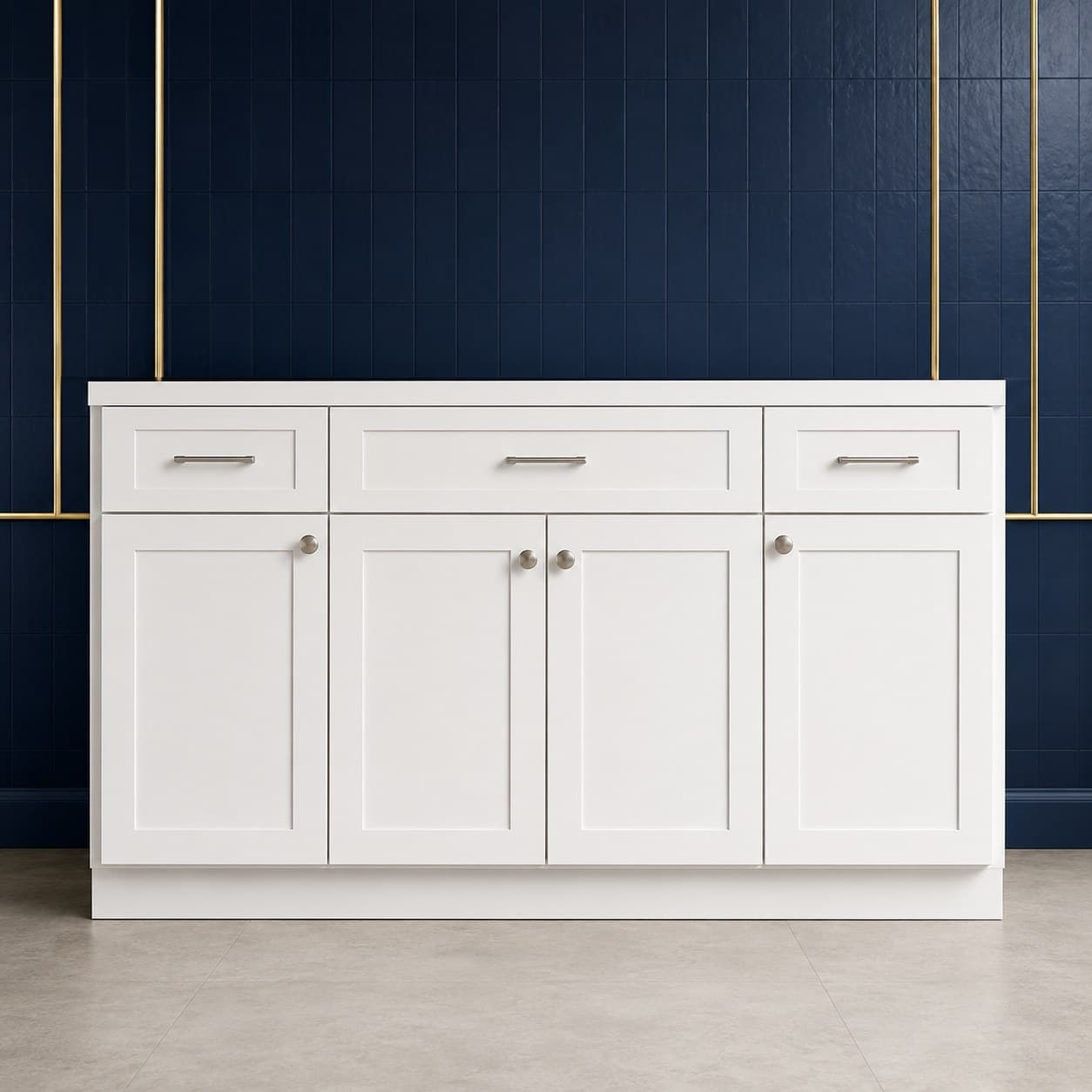 96 inch toe kick board, 4 1/2 inches high, a thin finished strip for the base of kitchen cabinets, in Purity White finish — front view