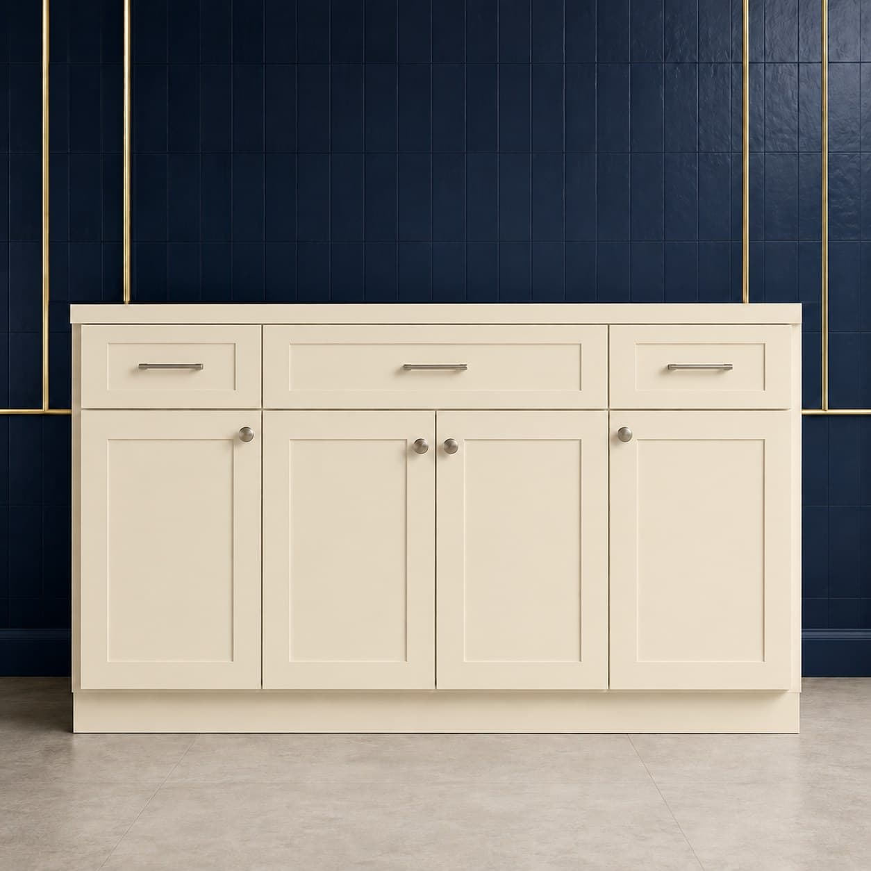 96 inch toe kick board, 4 1/2 inches high, a thin finished strip for the base of kitchen cabinets, in Seashell Cream finish — front view