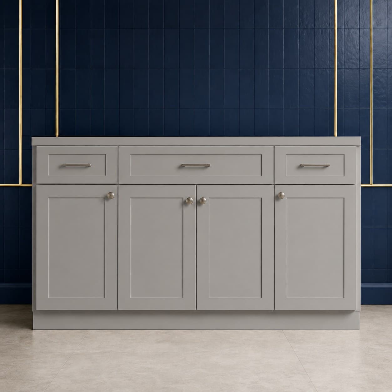 96 inch toe kick board, 4 1/2 inches high, a thin finished strip for the base of kitchen cabinets, in Victory Gray finish — front view