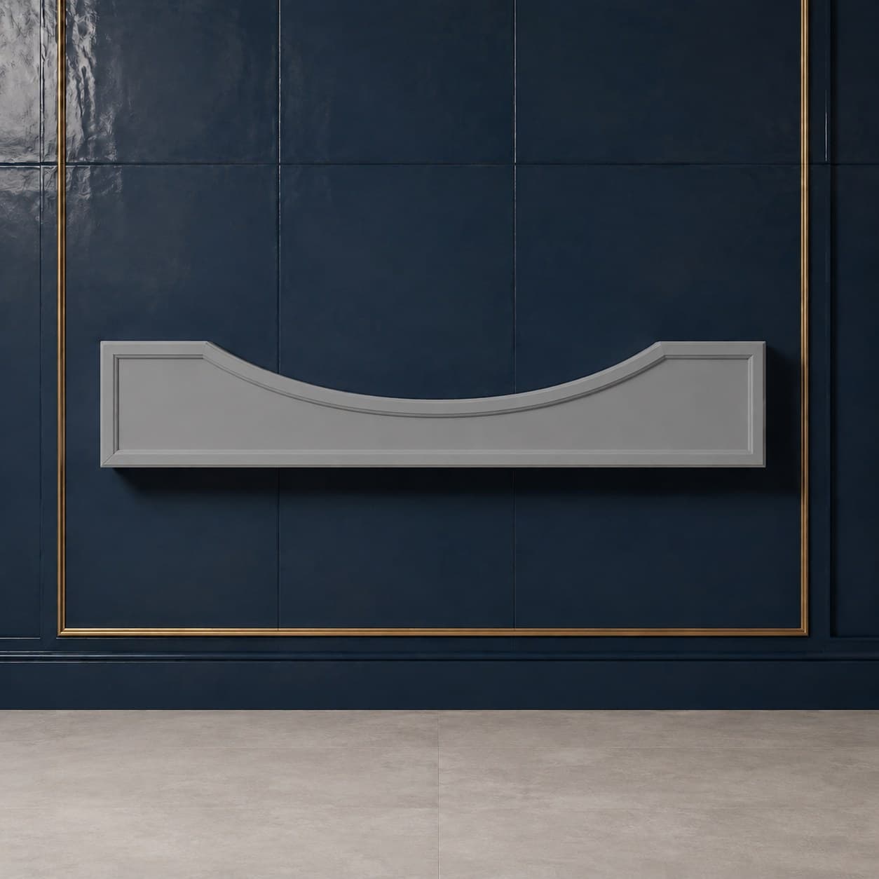 48 inch wide decorative cabinet valance with arched bottom edge, 8 inches high, in a neutral wood finish, in Modern Gray finish — front view