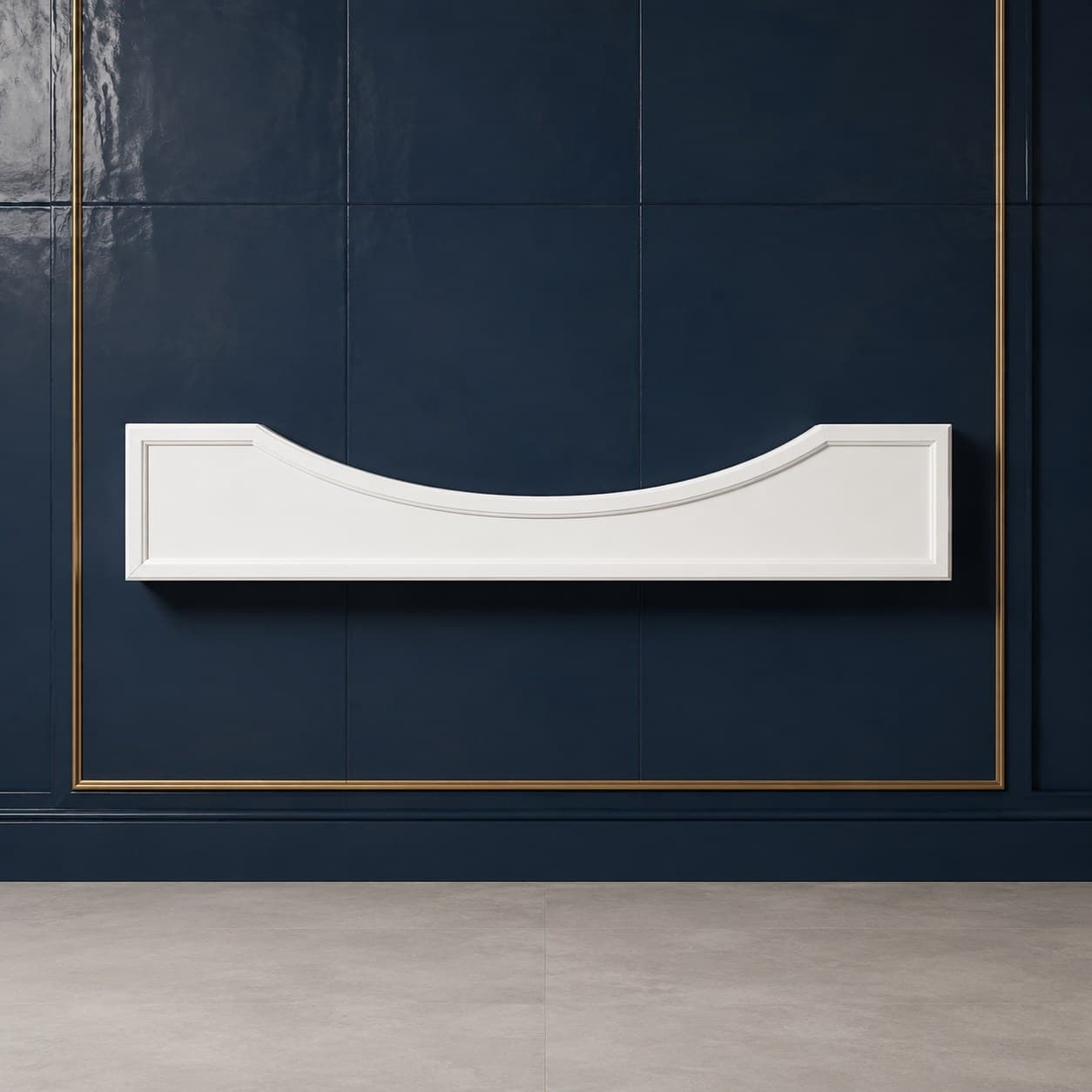 48 inch wide decorative cabinet valance with arched bottom edge, 8 inches high, in a neutral wood finish, in Purity White finish — front view