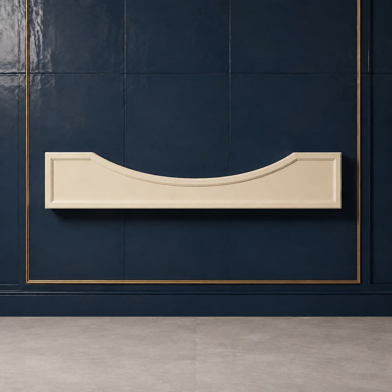 48 inch wide decorative cabinet valance with arched bottom edge, 8 inches high, in a neutral wood finish, in Seashell Cream finish — front view