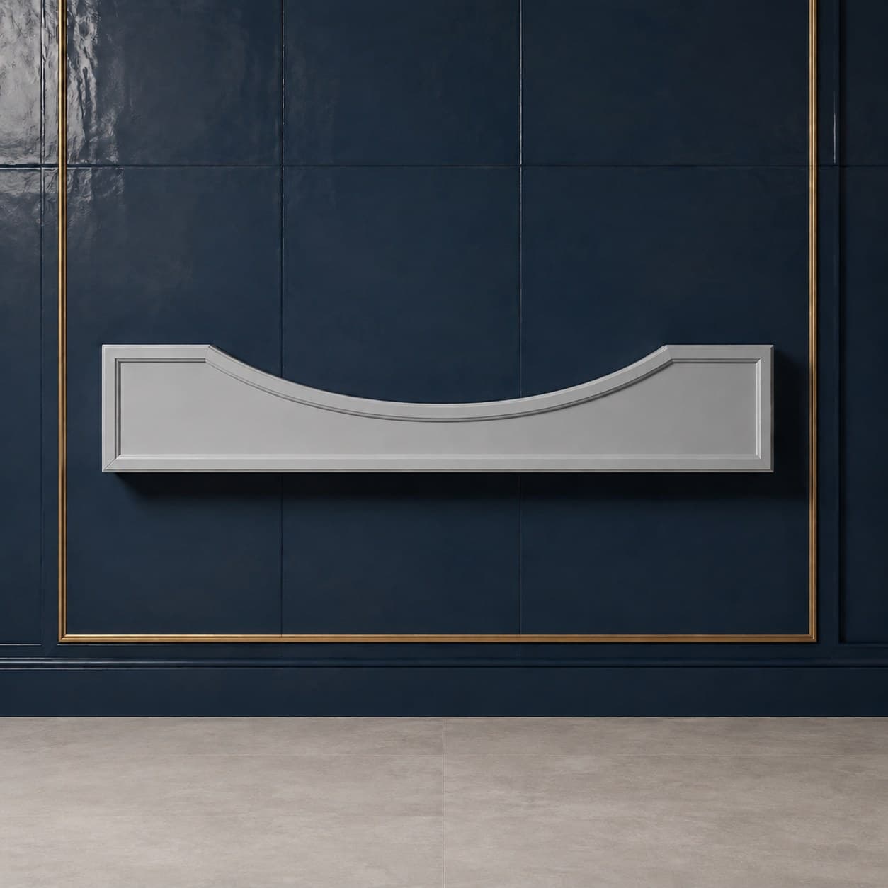 48 inch wide decorative cabinet valance with arched bottom edge, 8 inches high, in a neutral wood finish, in Silver Gray finish — front view