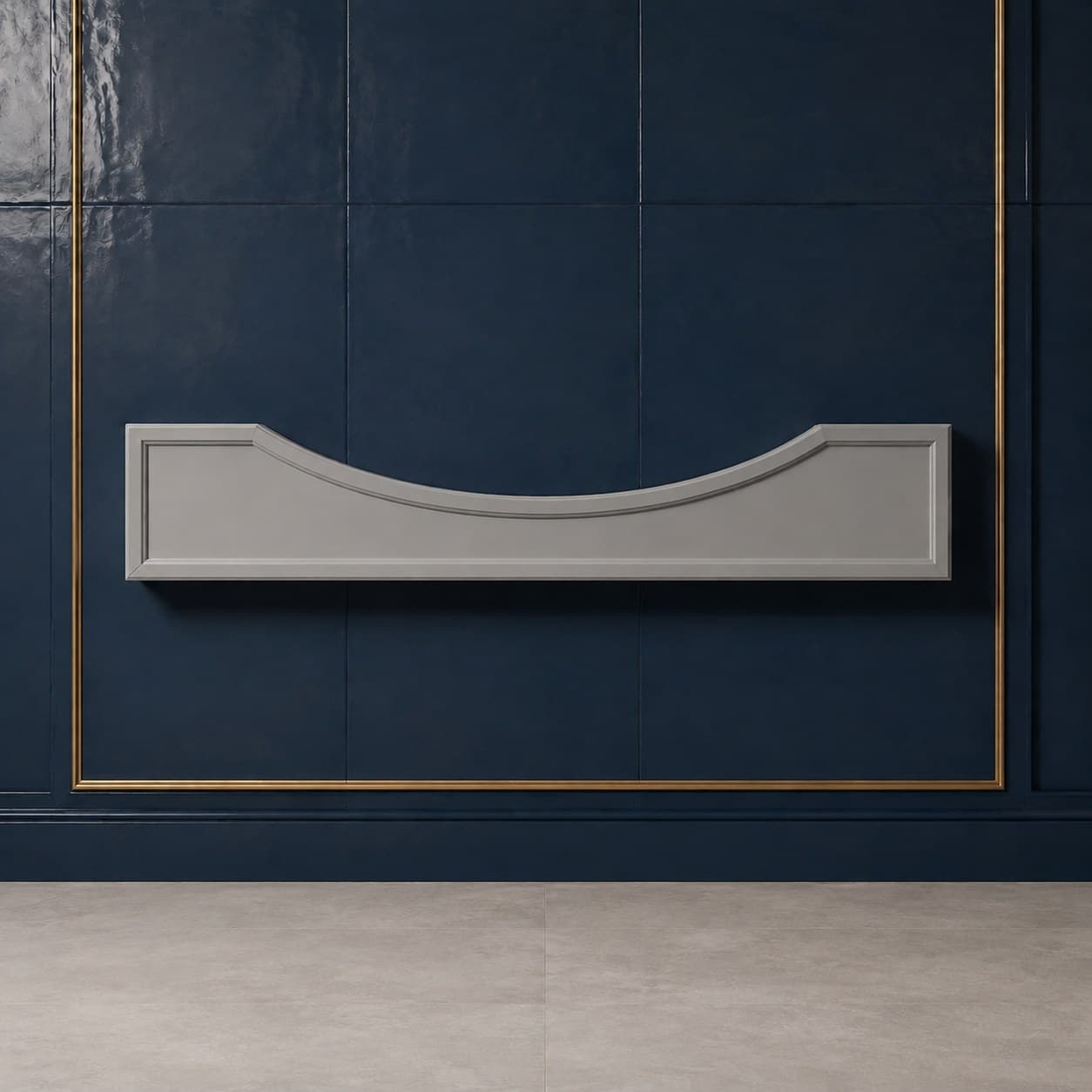 48 inch wide decorative cabinet valance with arched bottom edge, 8 inches high, in a neutral wood finish, in Victory Gray finish — front view