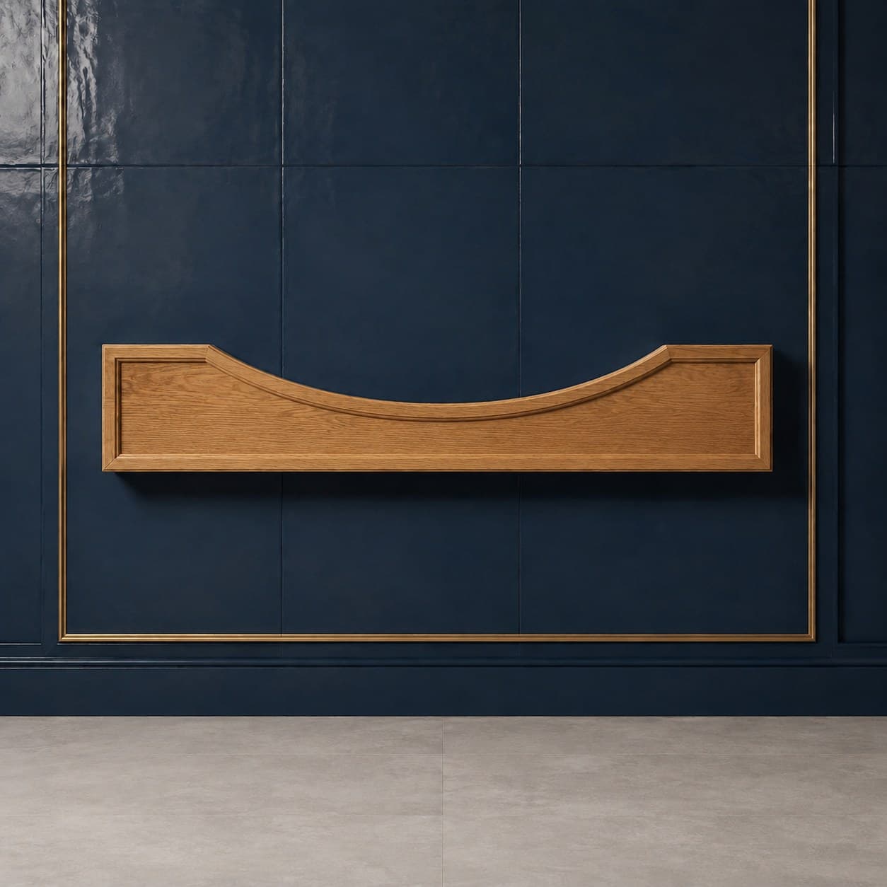 48 inch wide decorative cabinet valance with arched bottom edge, 8 inches high, in a neutral wood finish, in Wood Color finish — front view