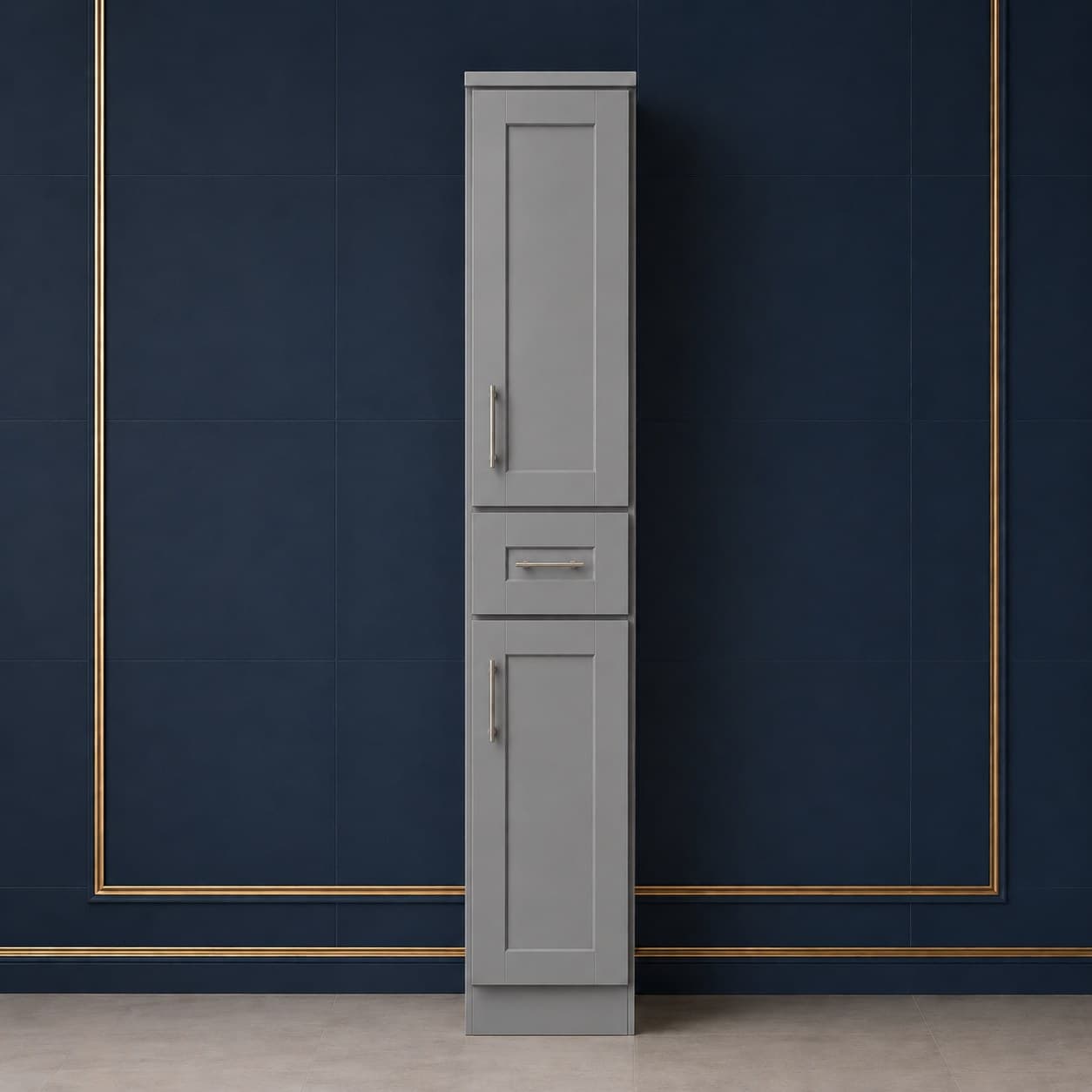 3 inch wide by 42 inch tall wall filler strip in a neutral finish matching wall cabinets, in Modern Gray finish — front view