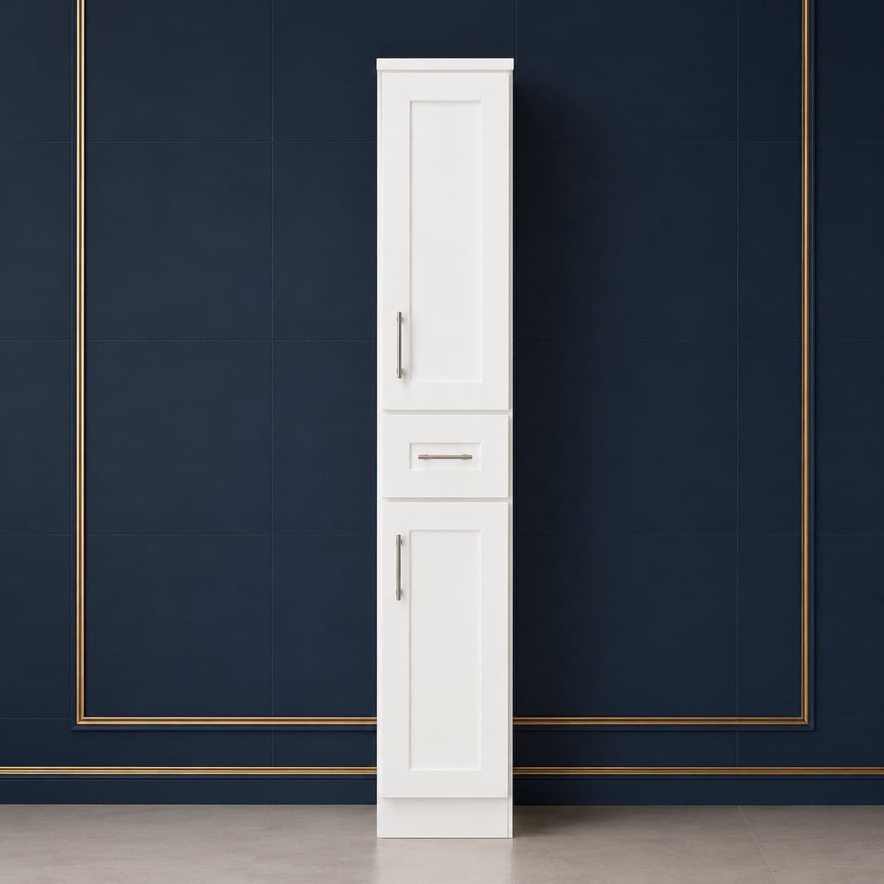 3 inch wide by 42 inch tall wall filler strip in a neutral finish matching wall cabinets, in Purity White finish — front view