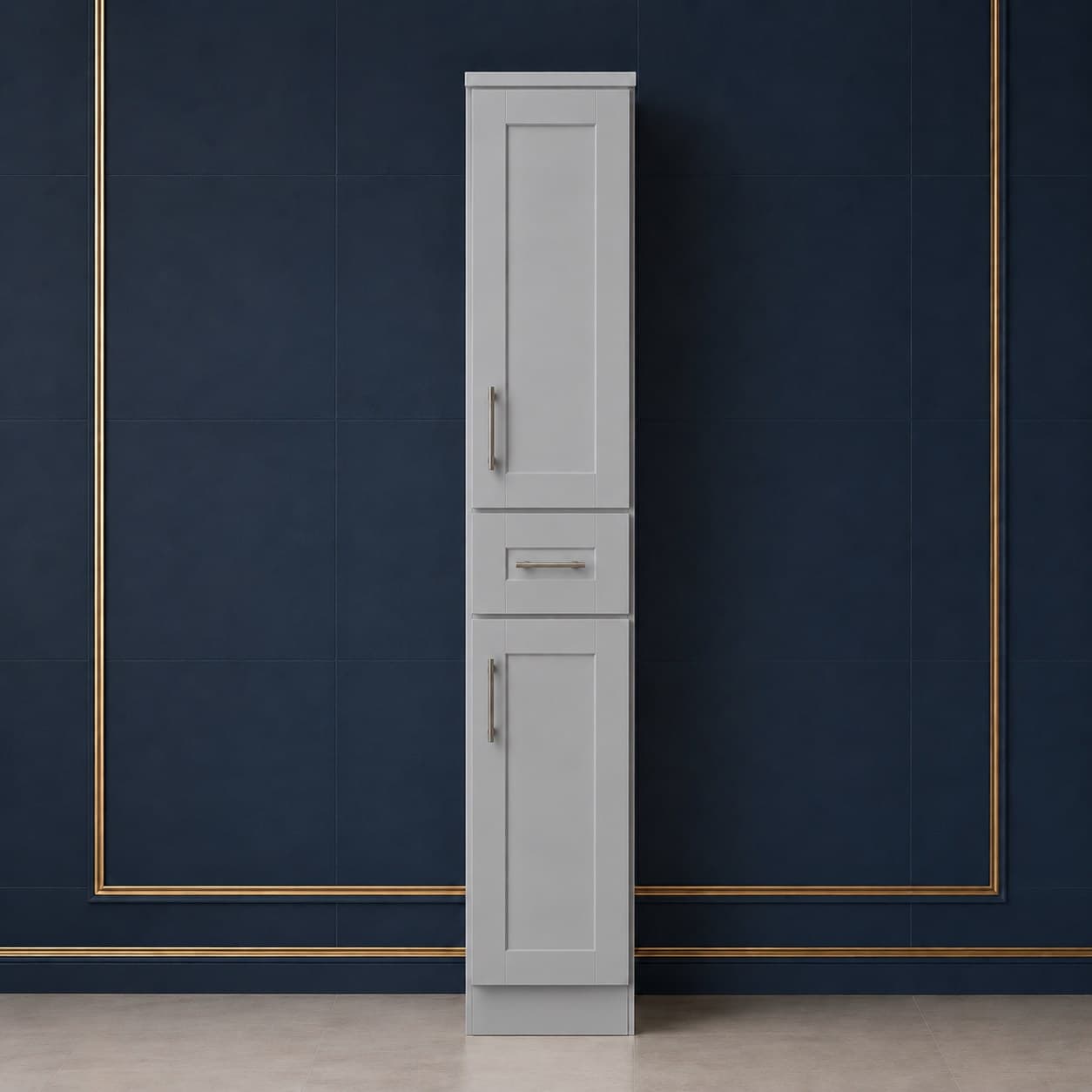 3 inch wide by 42 inch tall wall filler strip in a neutral finish matching wall cabinets, in Silver Gray finish — front view