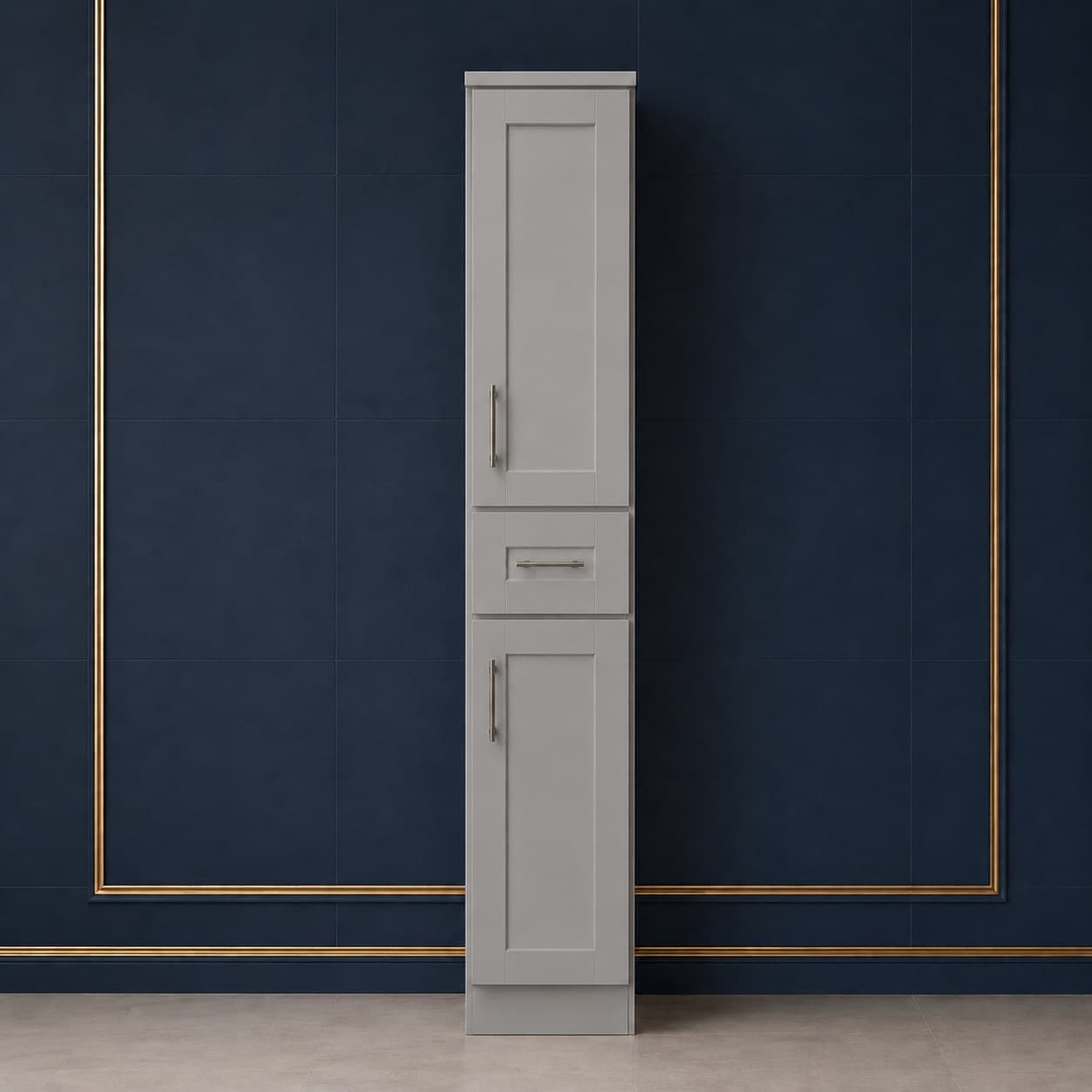 3 inch wide by 42 inch tall wall filler strip in a neutral finish matching wall cabinets, in Victory Gray finish — front view