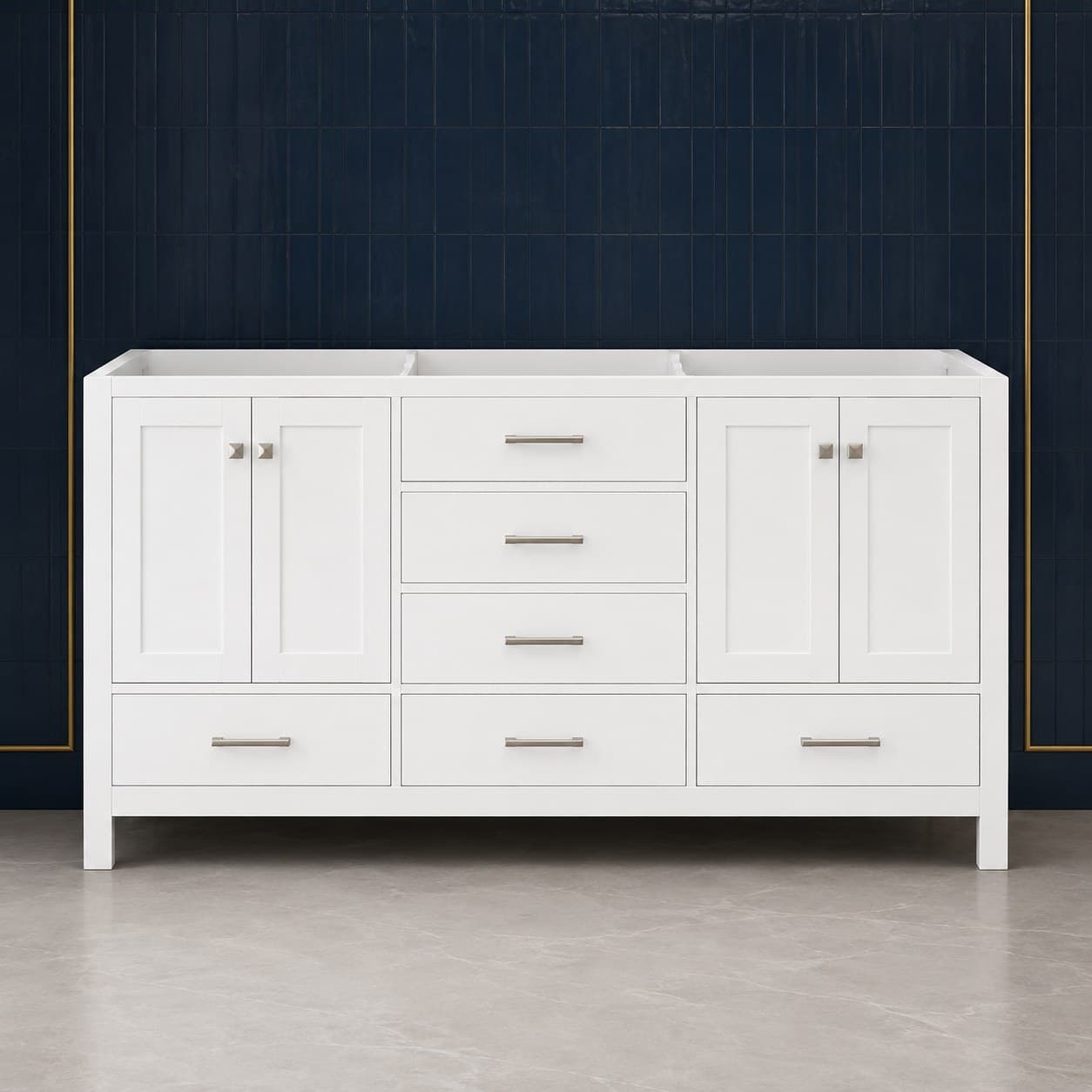 Freestanding Alfred 66 inch double sink vanity showing two basins, solid wood doors, and dovetail drawer banks, finish-neutral front view, in Purity White finish