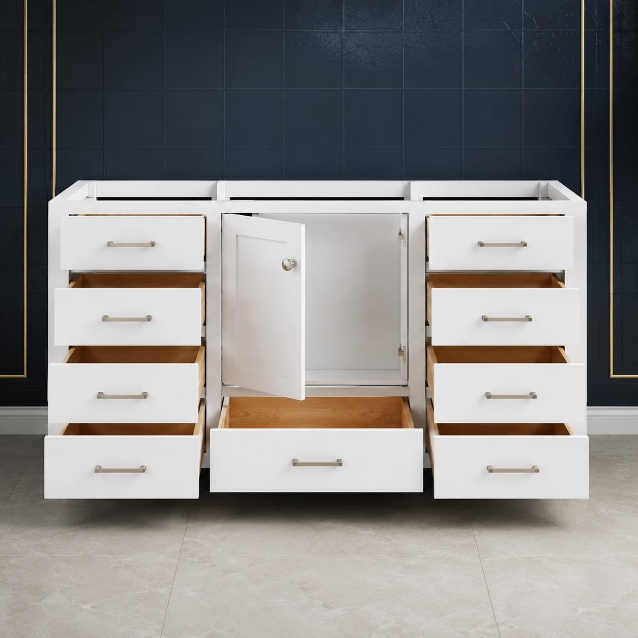 Alfred 66 inch single sink bathroom vanity showing solid wood doors, full-extension dovetail drawers, and a single-basin top, finish-neutral front view, in Purity White finish