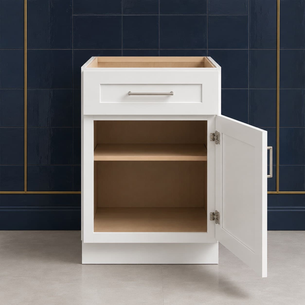 15 inch base cabinet featuring a single shaker door and one drawer, standard 34 1/2 inch height all-wood construction, in Purity White finish — front view