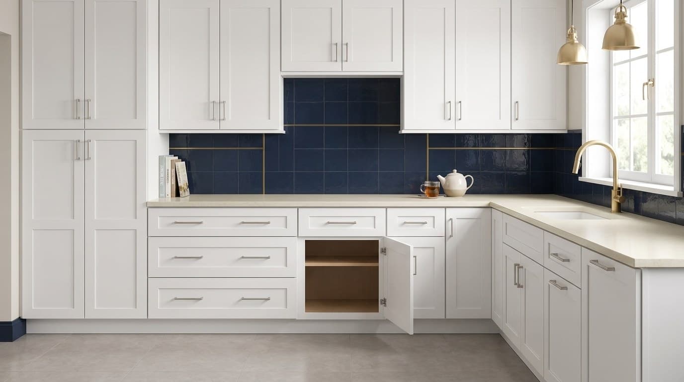 Front view of a 9 inch single door base kitchen cabinet with one top drawer and shaker-style all-wood door front, in Purity White finish — styled room scene (representative image — exact size shown may vary)