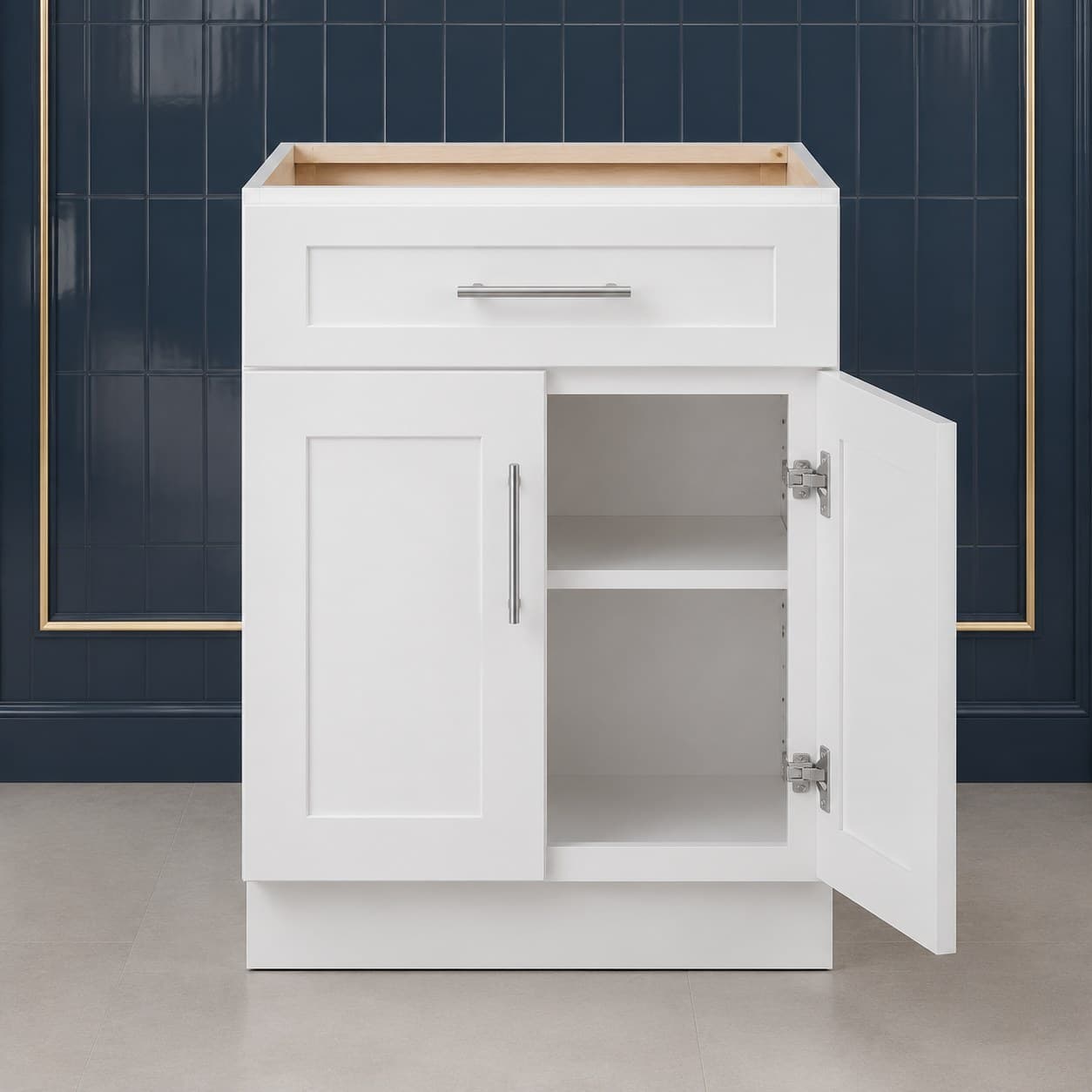 30 inch double door base kitchen cabinet with full-width top drawer, shaker door fronts, and one interior shelf, in Purity White finish — front view