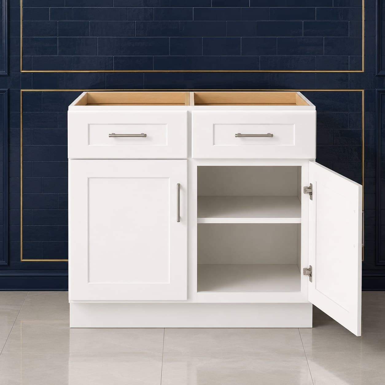 39 inch wide base cabinet featuring two drawers over two doors with one adjustable shelf, all-wood construction, in Purity White finish — front view