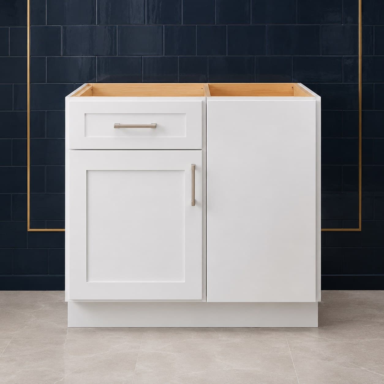 39 inch blind corner base cabinet showing single door and drawer with blind side panel for corner installation, in Purity White finish — front view
