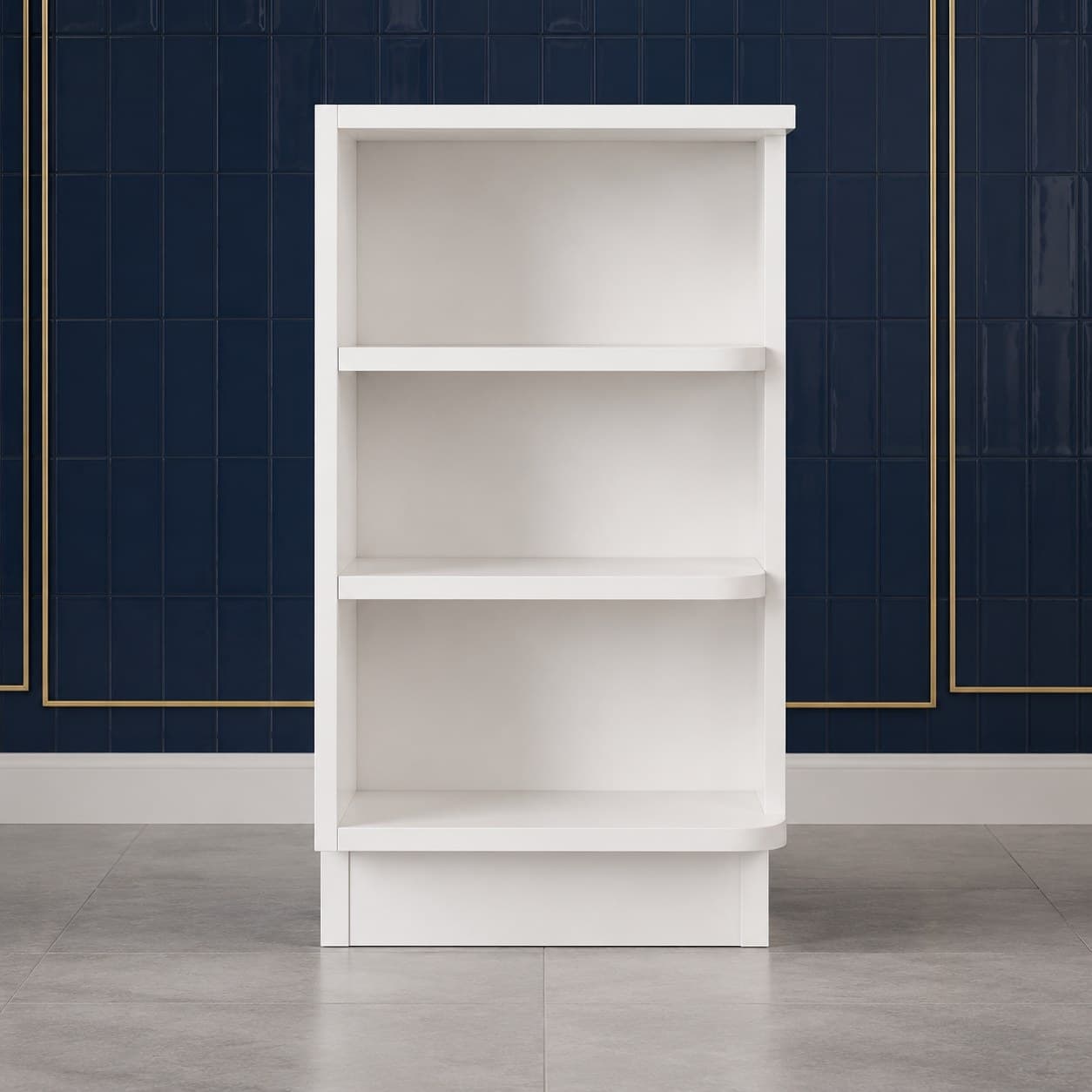 9 inch open base end shelf with three tiers for display, right-side orientation, all-wood finish-ready construction, in Purity White finish — front view